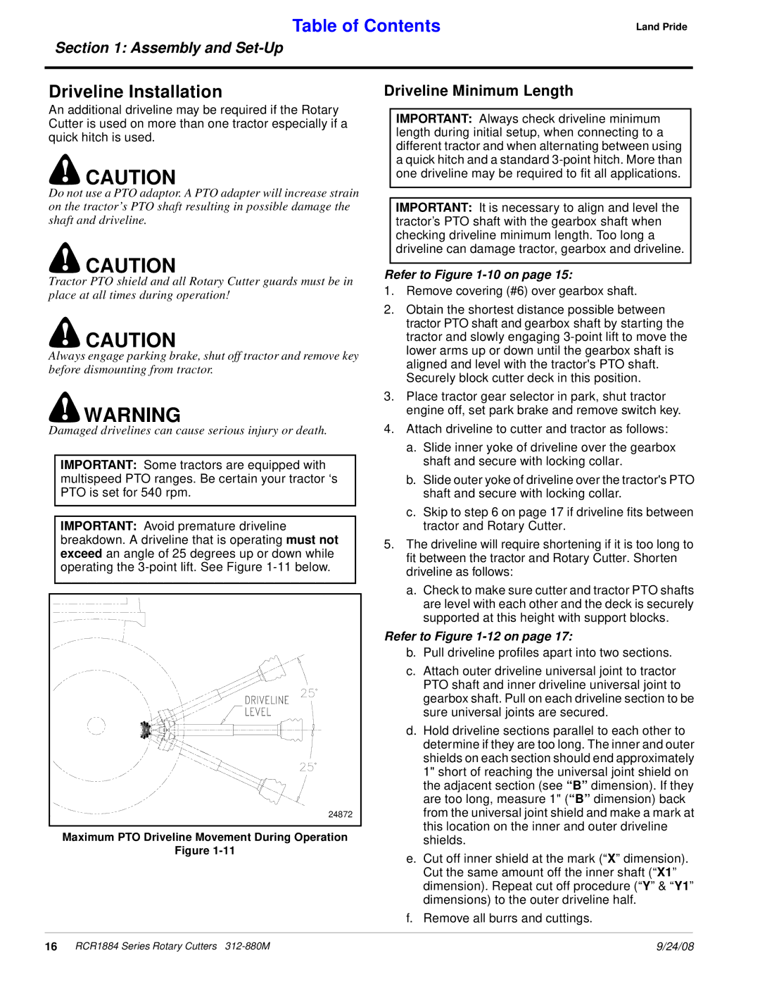 Land Pride RCR1884 manual Driveline Installation, Driveline Minimum Length, Refer to -10 on, Refer to -12 on 