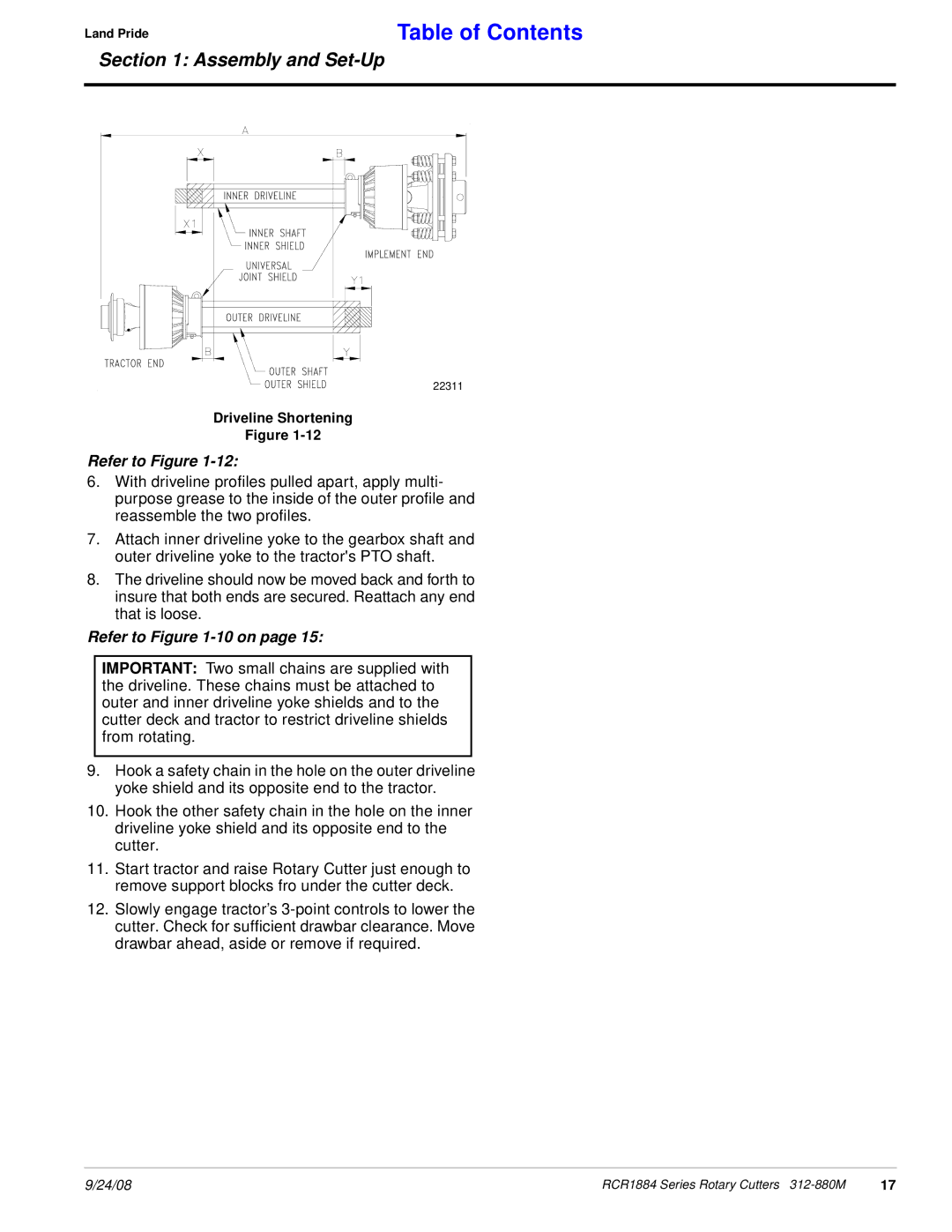 Land Pride RCR1884 manual Driveline Shortening 