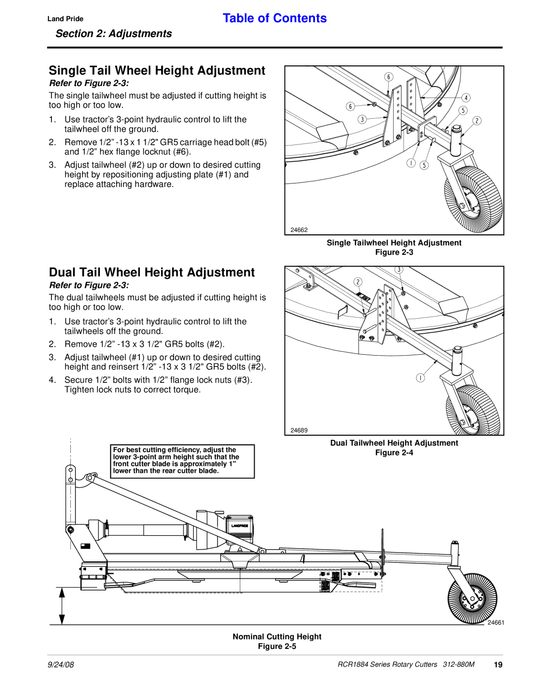 Land Pride RCR1884 manual Single Tail Wheel Height Adjustment, Dual Tail Wheel Height Adjustment 