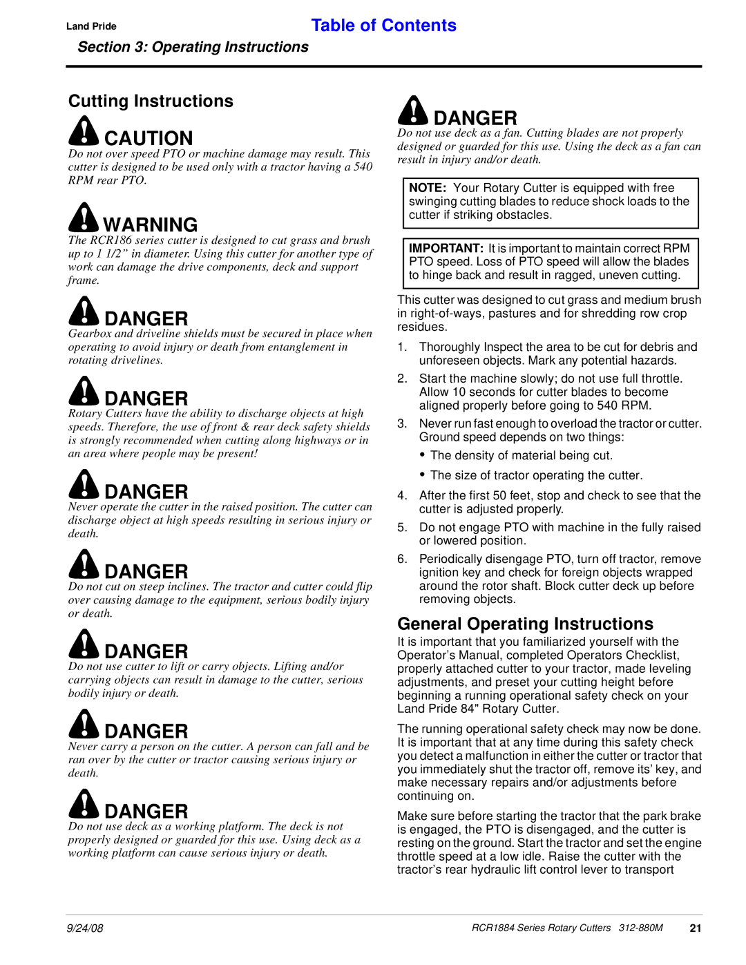 Land Pride RCR1884 manual Cutting Instructions, General Operating Instructions 