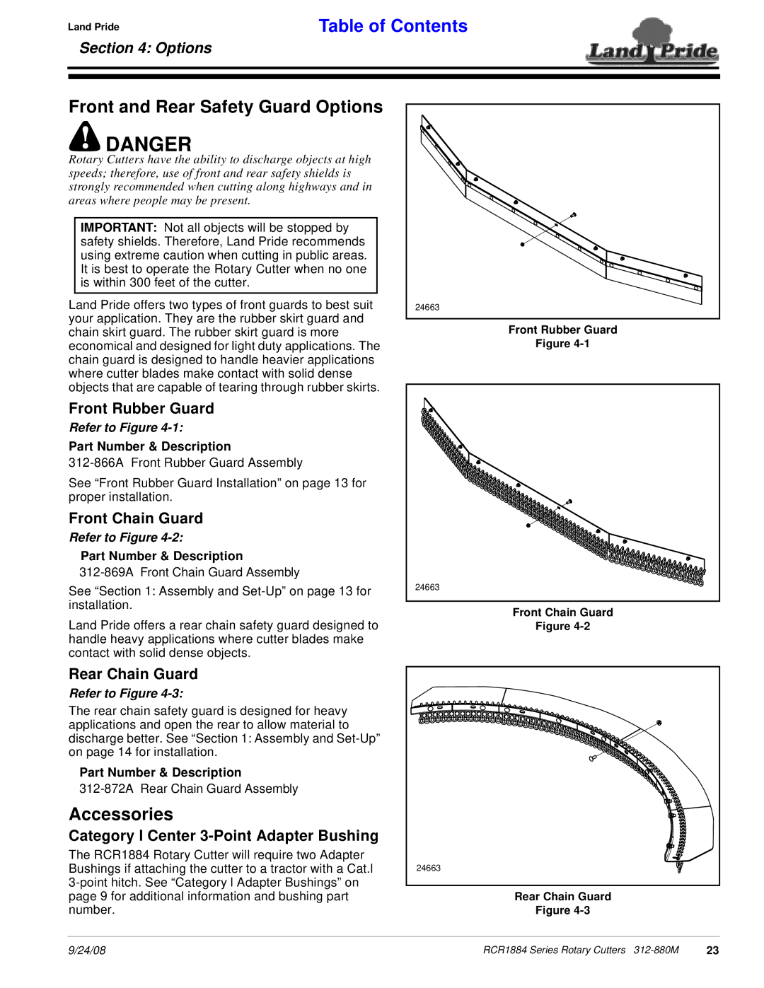 Land Pride RCR1884 manual Front and Rear Safety Guard Options, Accessories 