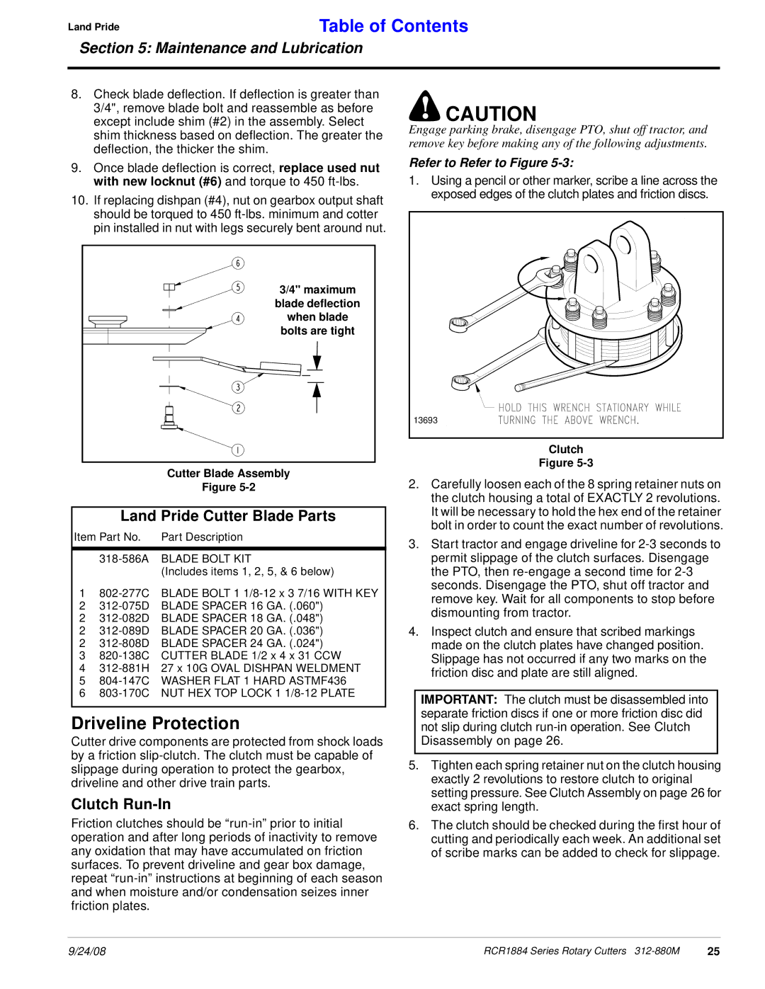 Land Pride RCR1884 manual Driveline Protection, Land Pride Cutter Blade Parts, Clutch Run-In, Refer to Refer to Figure 