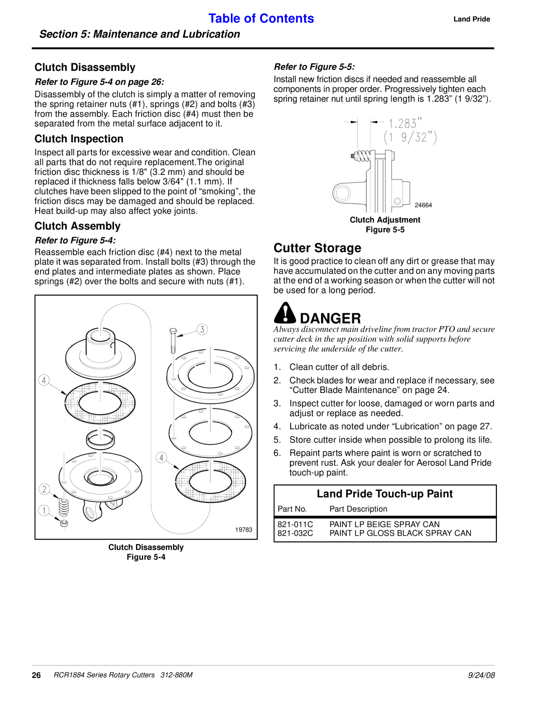 Land Pride RCR1884 manual Cutter Storage, Clutch Disassembly, Clutch Inspection, Clutch Assembly, Land Pride Touch-up Paint 