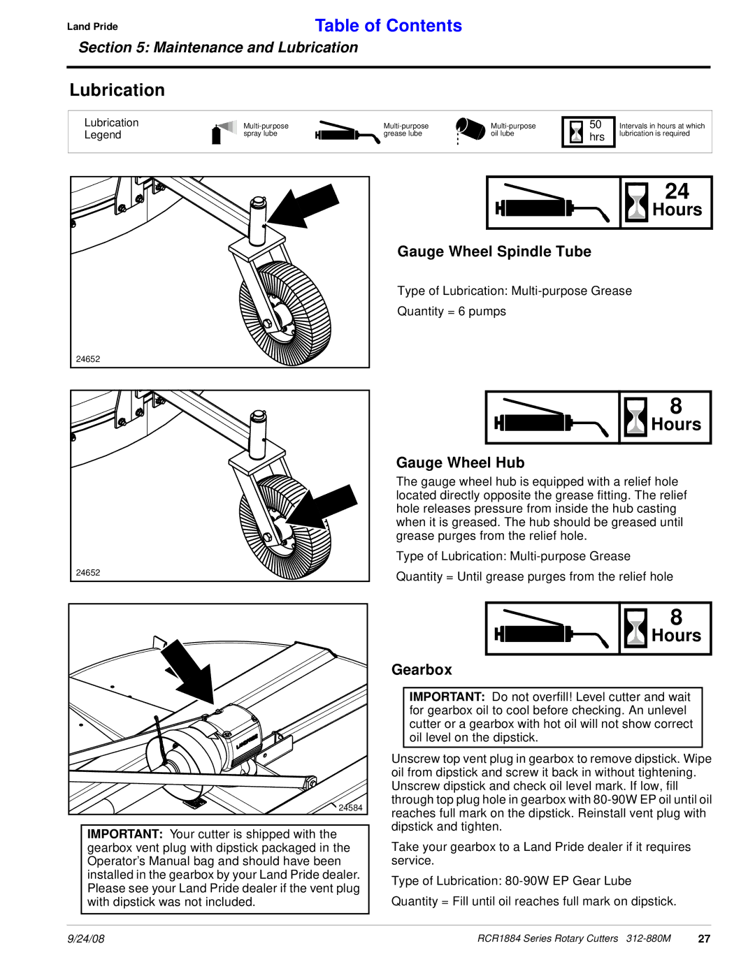 Land Pride RCR1884 manual Lubrication, Hours, Gauge Wheel Spindle Tube, Gauge Wheel Hub, Gearbox 