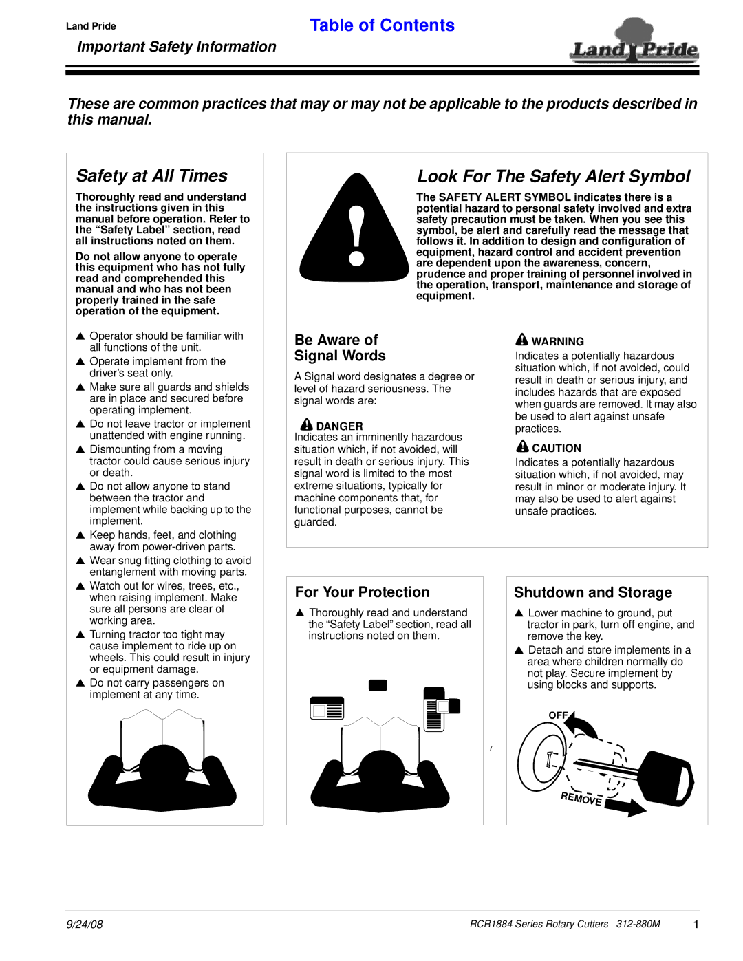 Land Pride RCR1884 manual Be Aware Signal Words, For Your Protection, Shutdown and Storage 