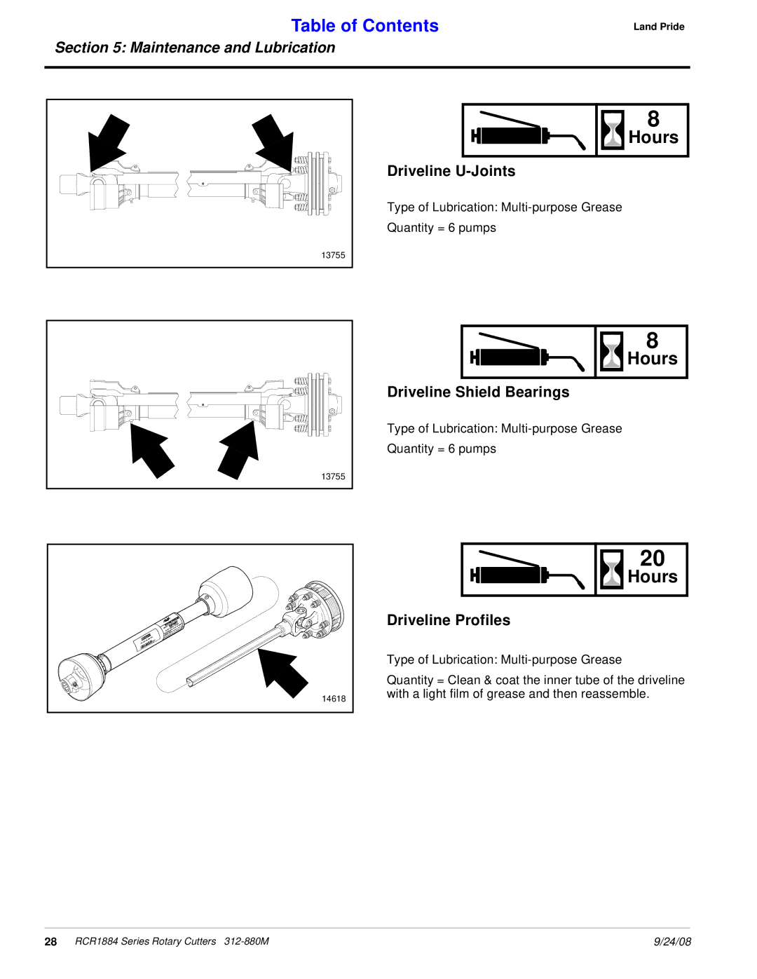 Land Pride RCR1884 manual Driveline U-Joints, Driveline Shield Bearings, Driveline Profiles 