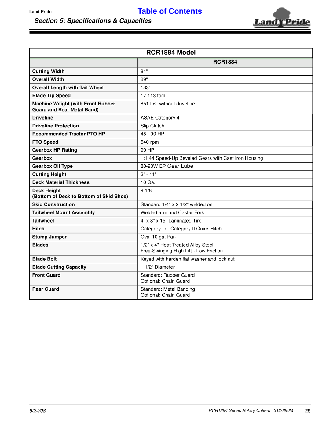 Land Pride manual RCR1884 Model 