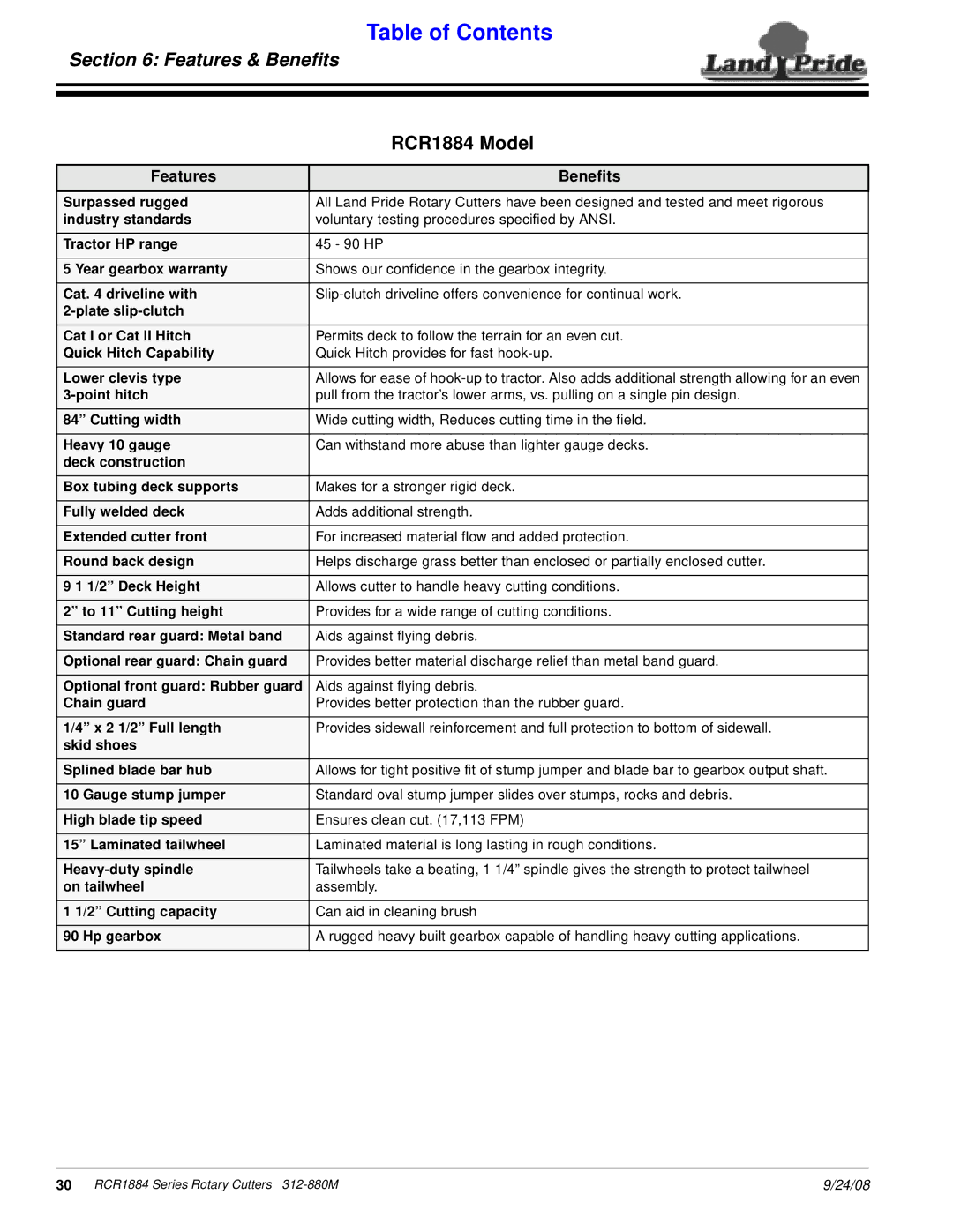 Land Pride RCR1884 manual Features & Beneﬁts, Features Benefits 