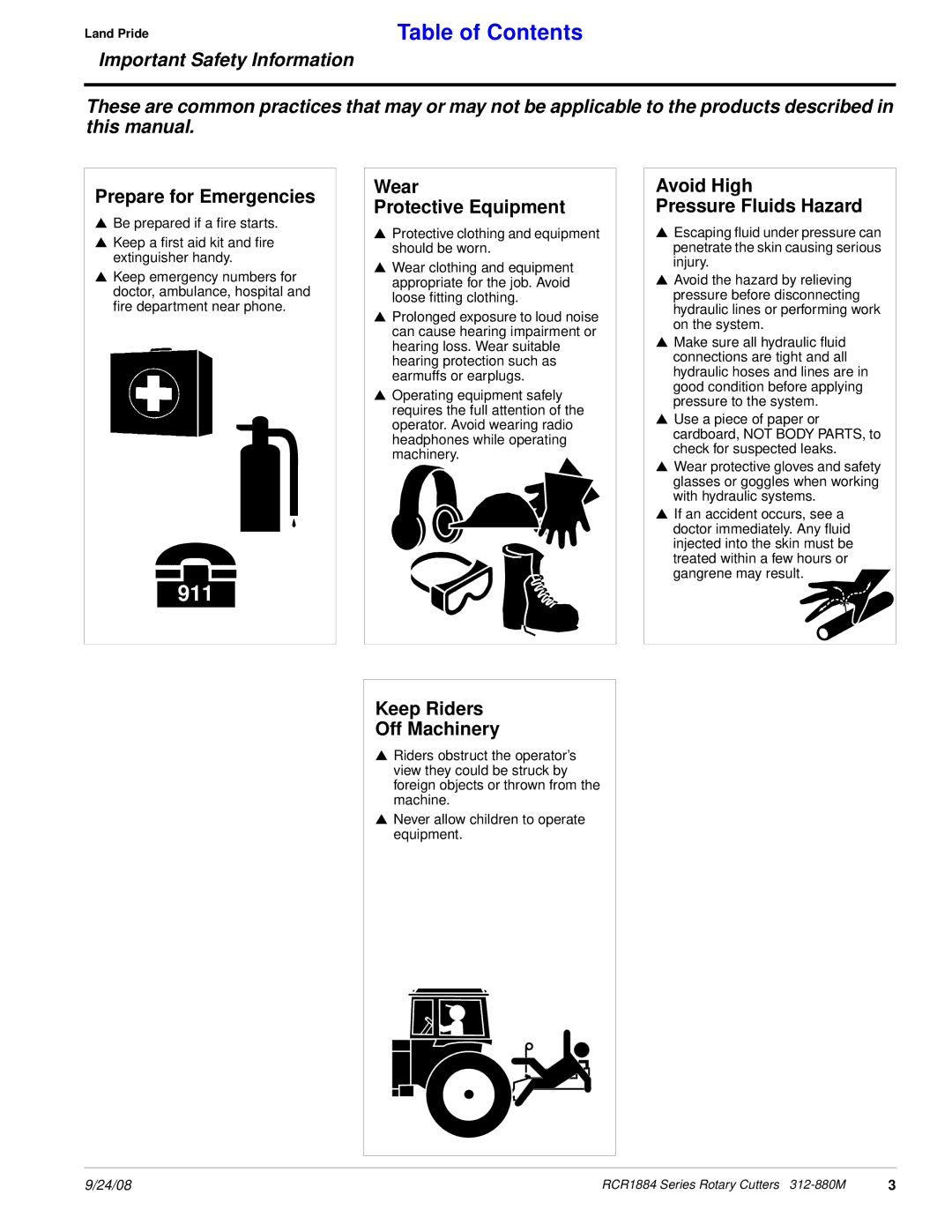 Land Pride RCR1884 manual Prepare for Emergencies, Wear Protective Equipment, Avoid High Pressure Fluids Hazard 