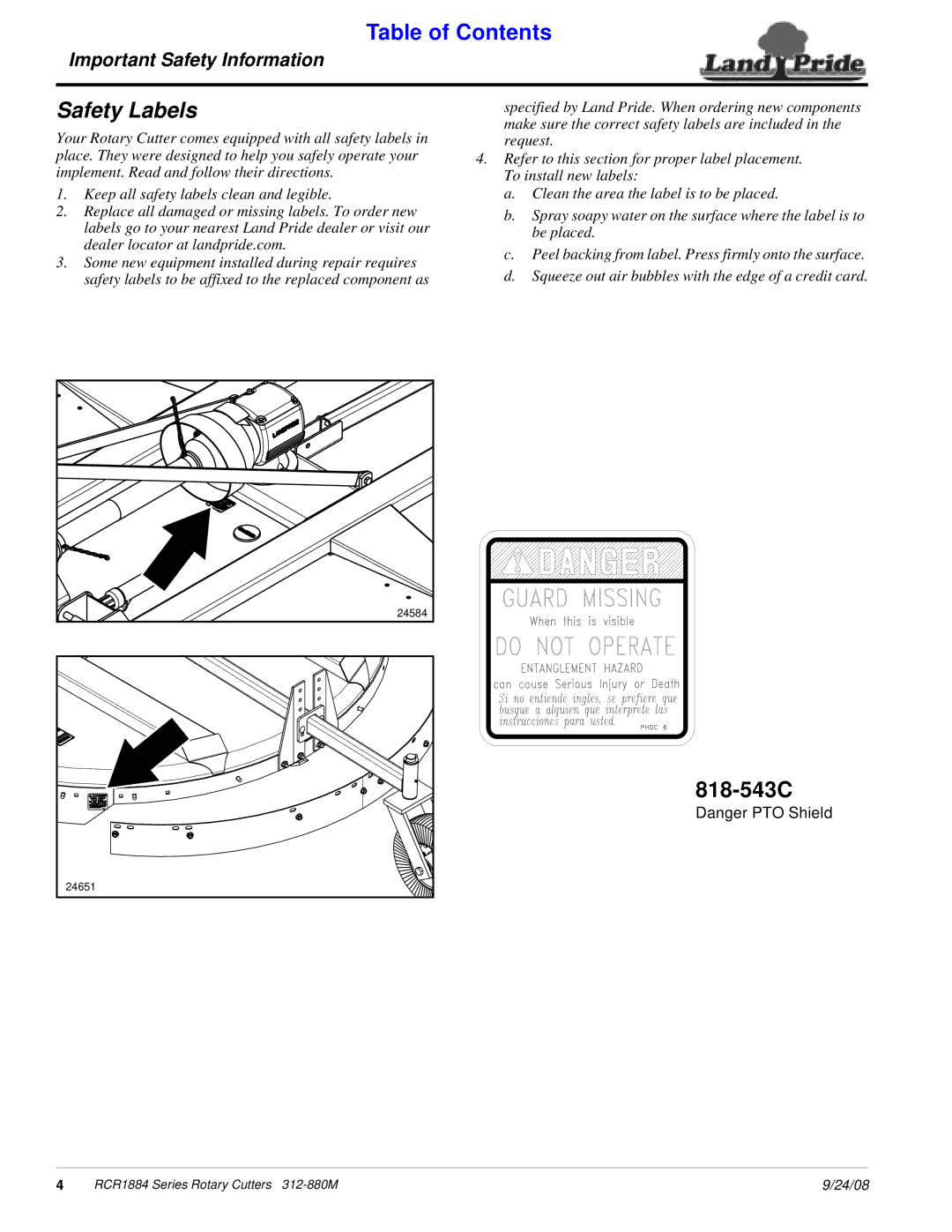 Land Pride RCR1884 manual Safety Labels, 818-543C 