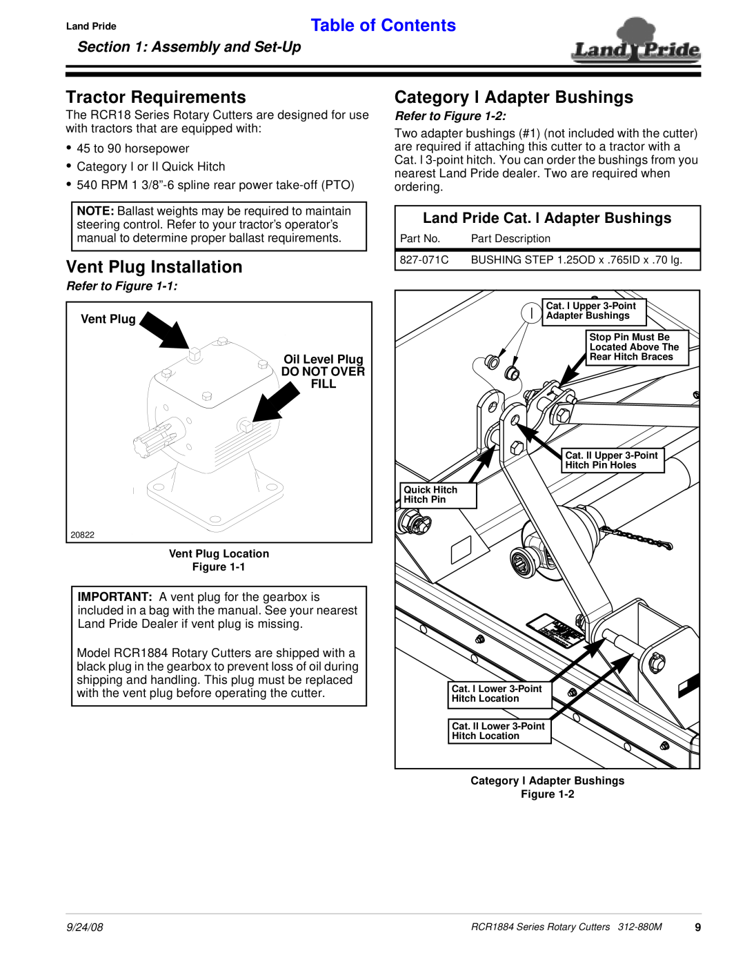 Land Pride RCR1884 manual Tractor Requirements, Vent Plug Installation, Category l Adapter Bushings, Table of Contents 