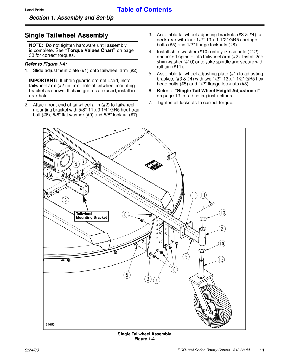 Land Pride RCR1884 manual Single Tailwheel Assembly, Table of Contents, Assembly and Set-Up, Refer to Figure 