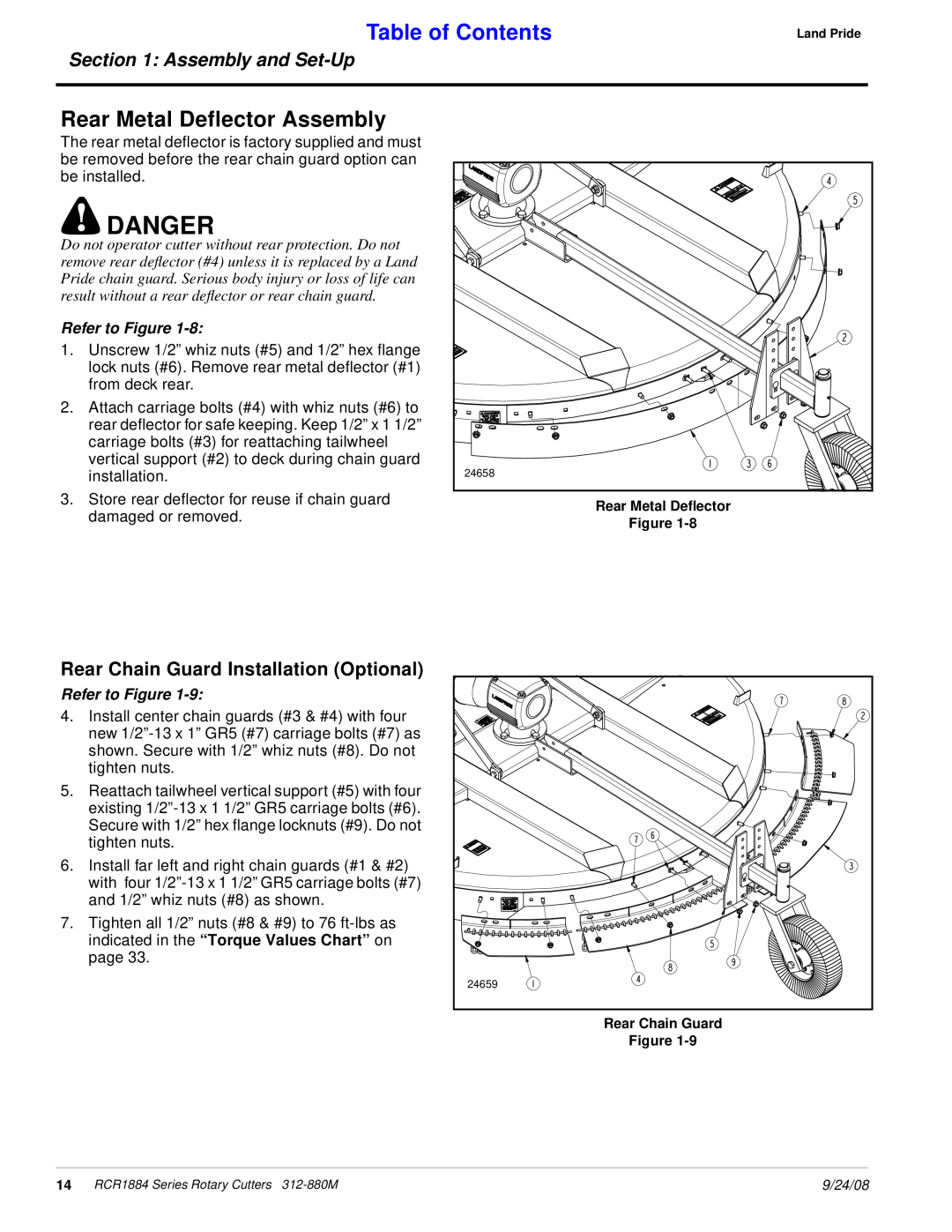 Land Pride RCR1884 manual Danger, Rear Metal Deflector Assembly, Table of Contents, Assembly and Set-Up, Refer to Figure 