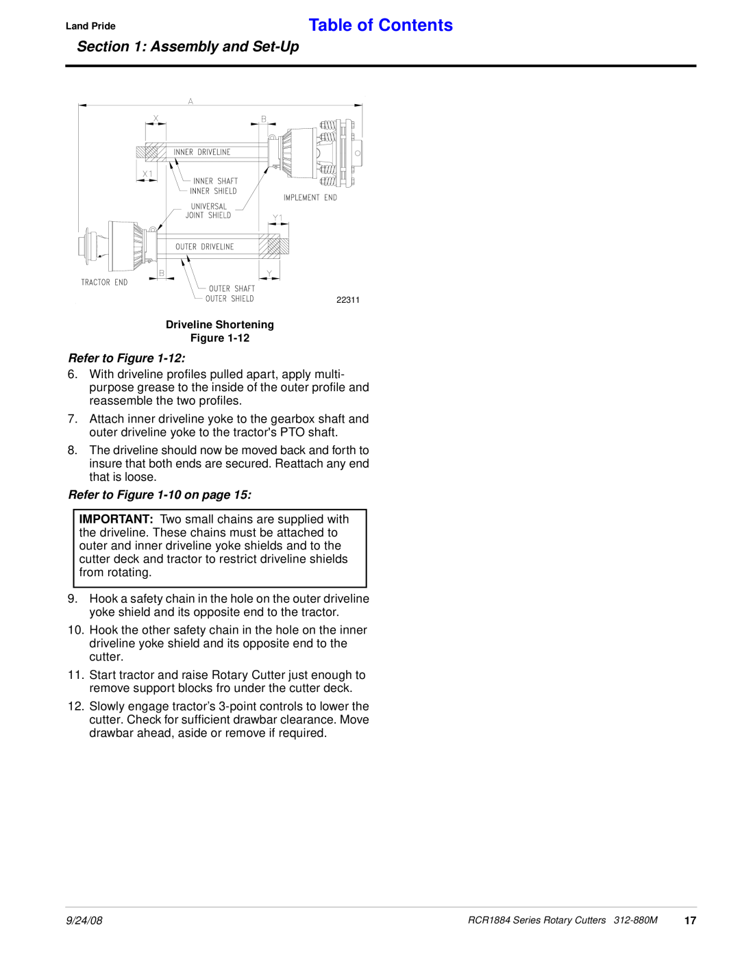 Land Pride RCR1884 manual Table of Contents, Assembly and Set-Up, Refer to Figure, Refer to -10on page 