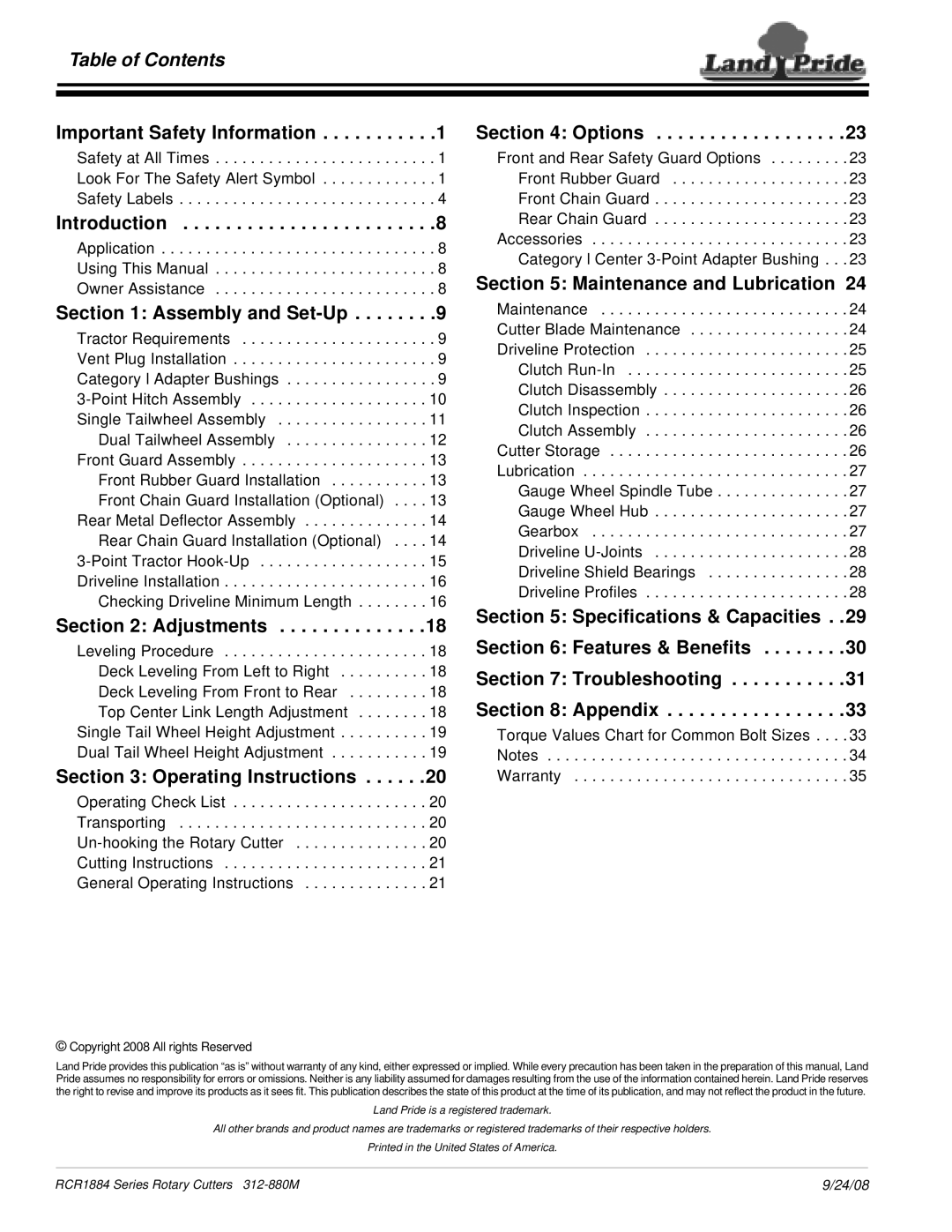 Land Pride RCR1884 manual Table of Contents 