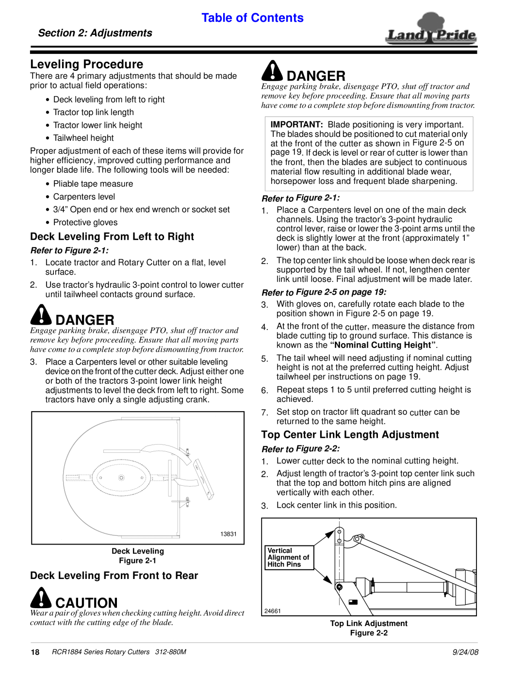 Land Pride RCR1884 manual Leveling Procedure, Adjustments, Danger, Table of Contents, Refer to Figure, Refer to -5on page 