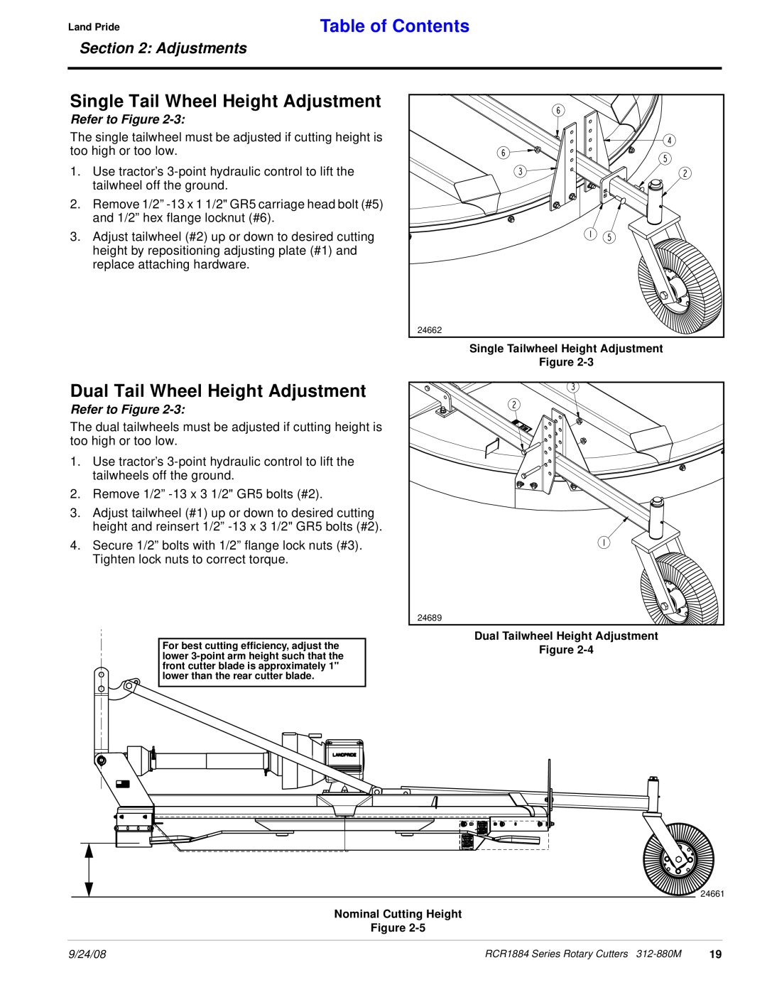 Land Pride RCR1884 Single Tail Wheel Height Adjustment, Dual Tail Wheel Height Adjustment, Table of Contents, Adjustments 