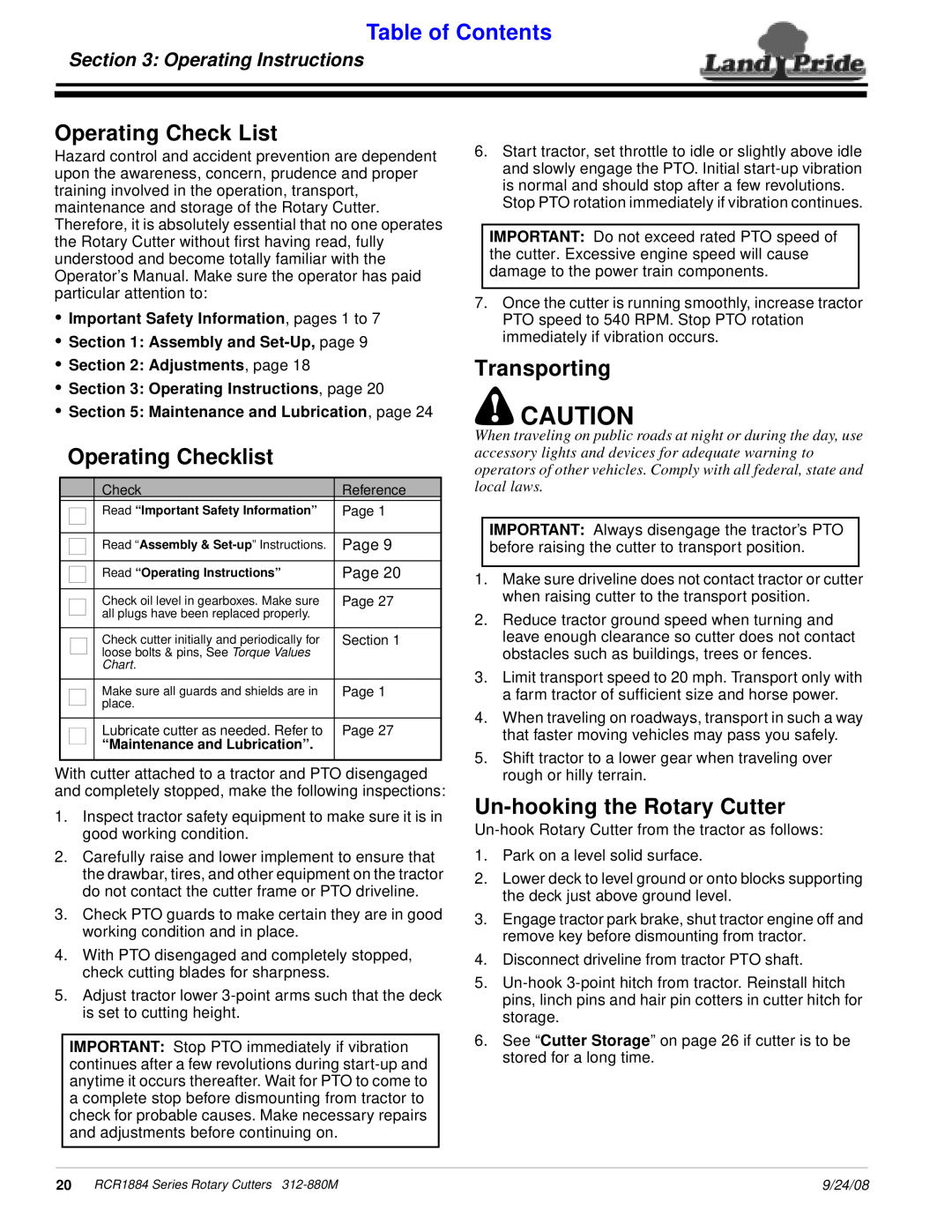 Land Pride RCR1884 Operating Check List, Operating Checklist, Transporting, Un-hookingthe Rotary Cutter, Table of Contents 