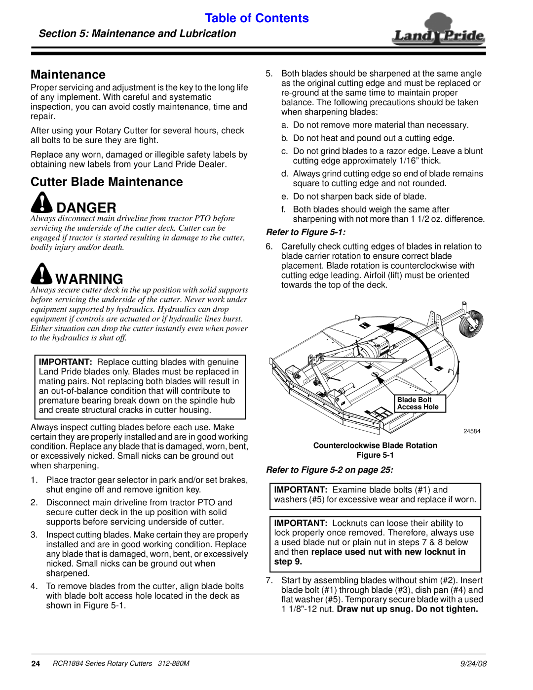 Land Pride RCR1884 Cutter Blade Maintenance, Maintenance and Lubrication, Danger, Table of Contents, Refer to Figure 