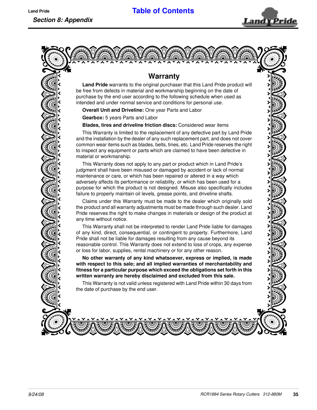 Land Pride RCR1884 manual Warranty, Table of Contents, Appendix 