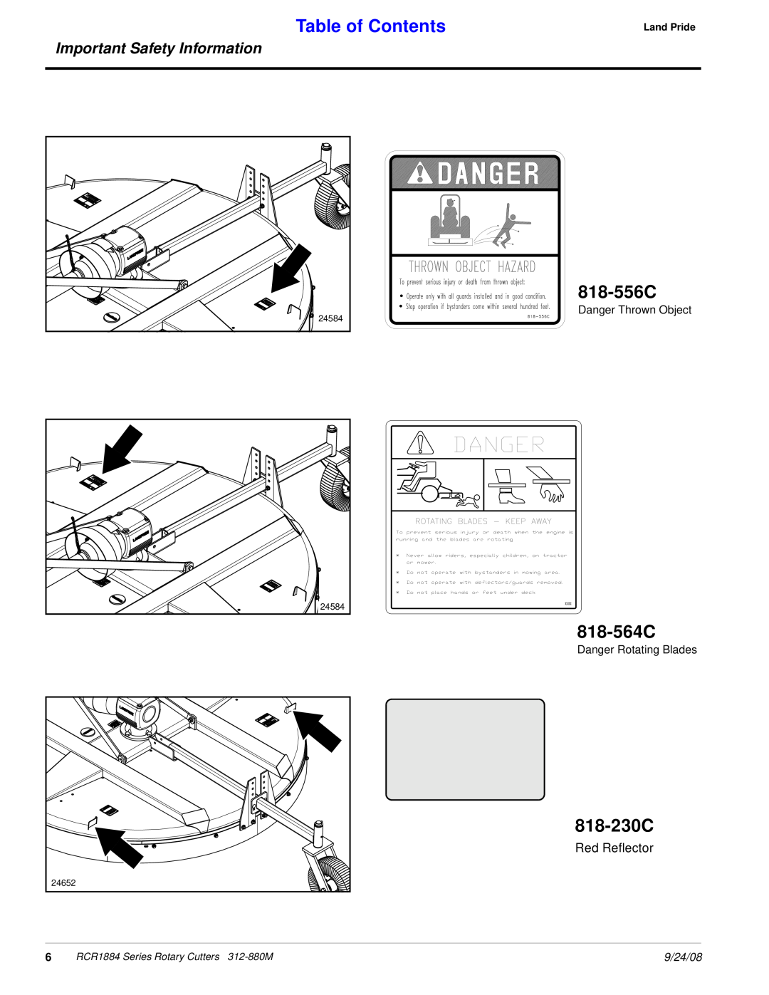 Land Pride RCR1884 818-556C, 818-564C, 818-230C, Table of Contents, Important Safety Information, Red Reflector, 9/24/08 