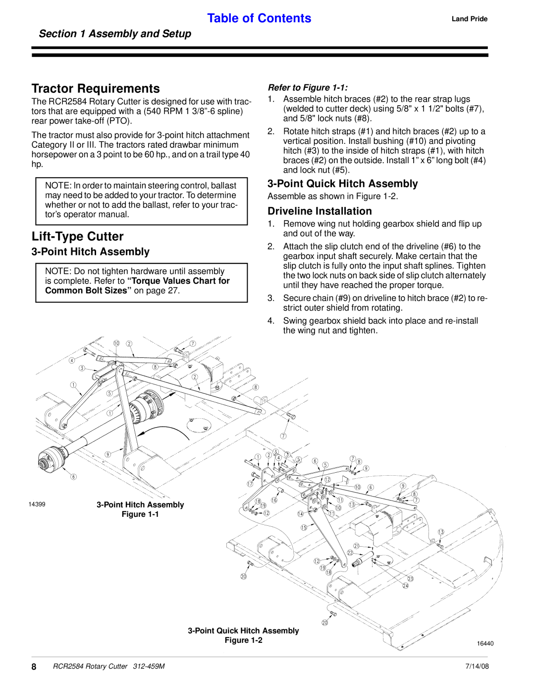 Land Pride RCR2584 manual Tractor Requirements, Lift-Type Cutter, Point Hitch Assembly, Point Quick Hitch Assembly 