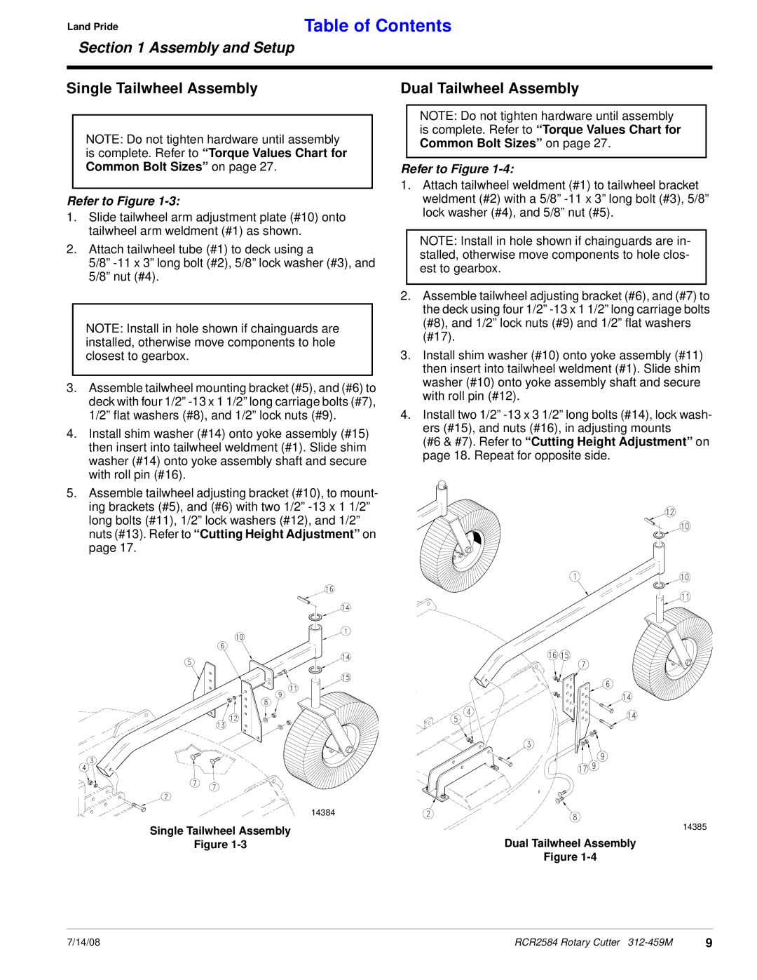 Land Pride RCR2584 manual Single Tailwheel Assembly, Dual Tailwheel Assembly 