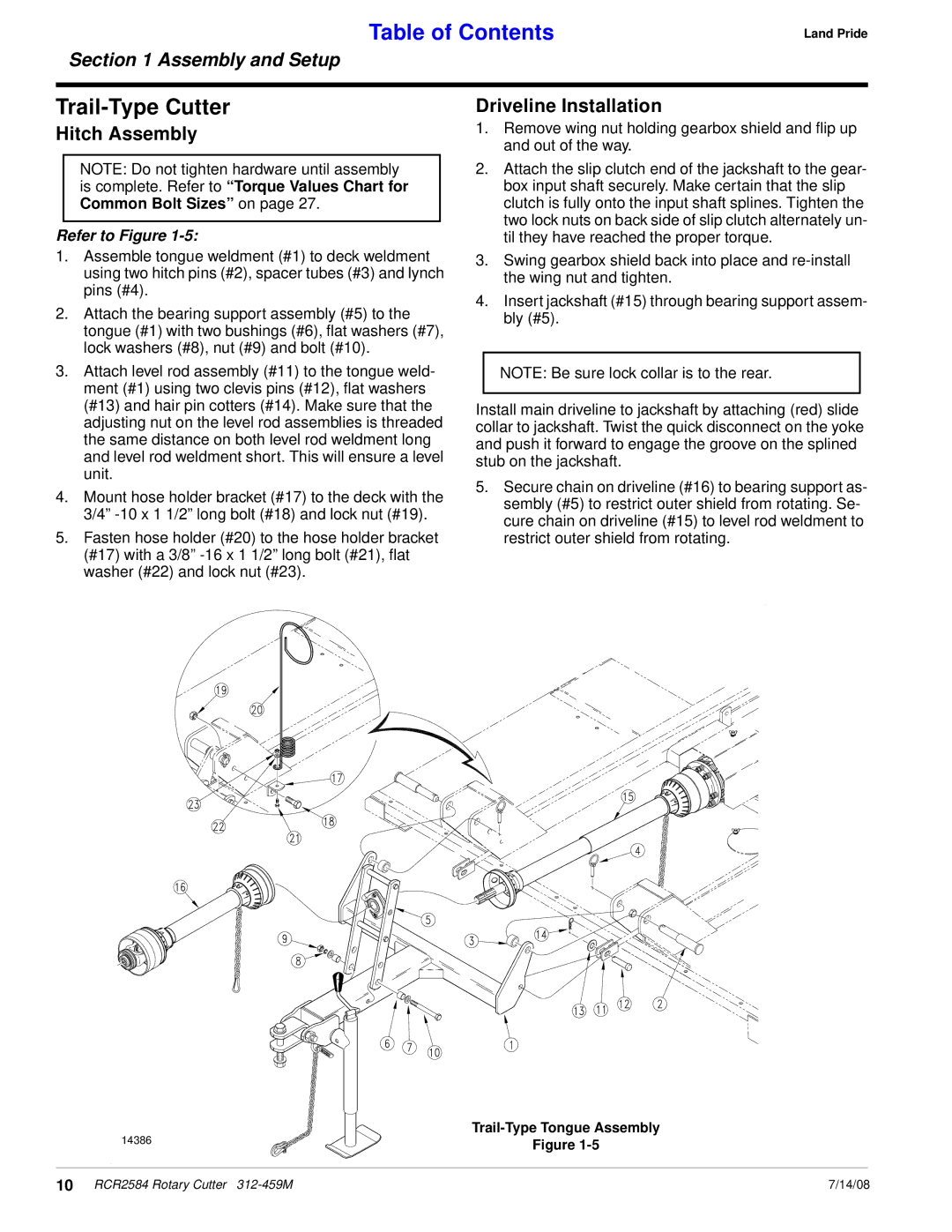 Land Pride RCR2584 manual Trail-Type Cutter, Hitch Assembly 