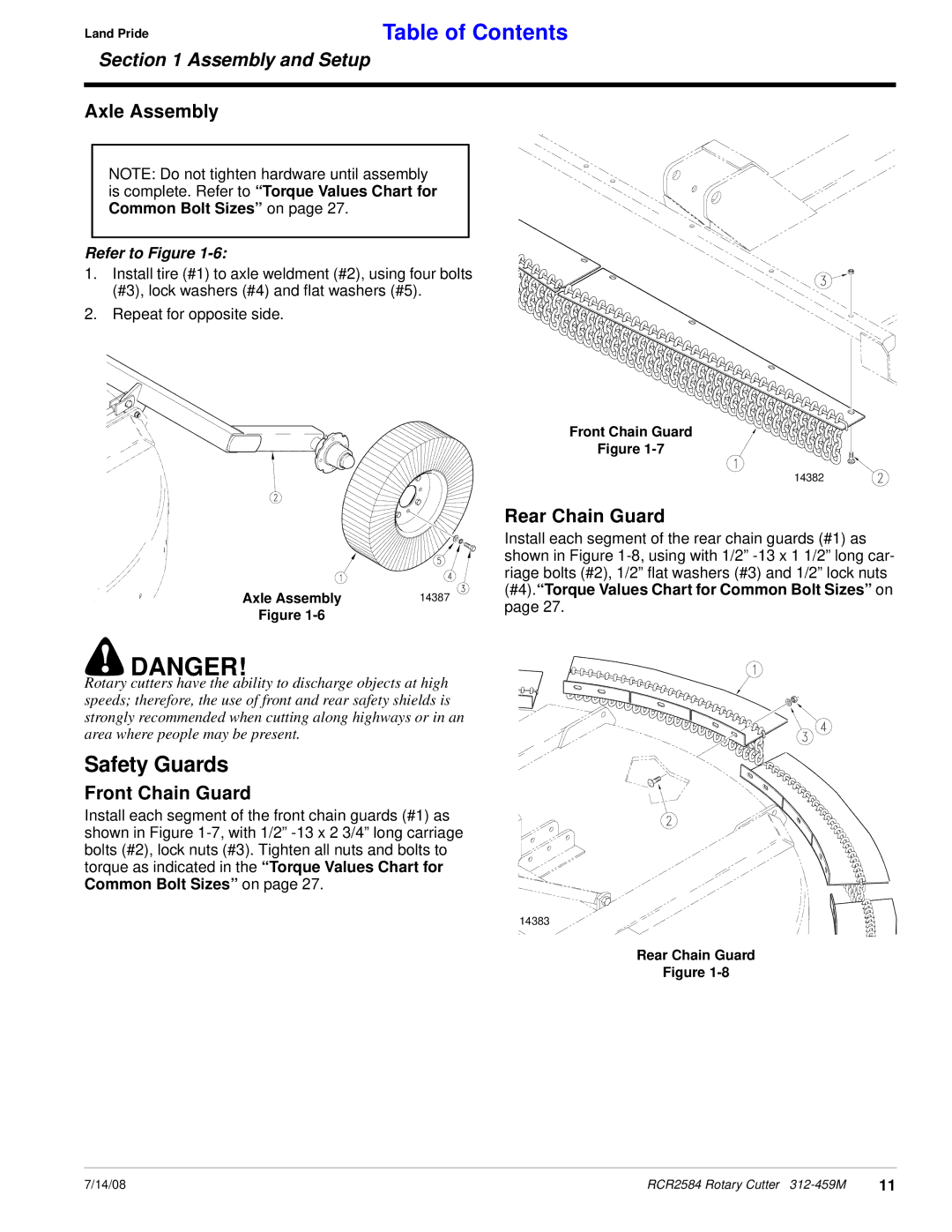 Land Pride RCR2584 manual Safety Guards, Axle Assembly, Rear Chain Guard, Front Chain Guard 