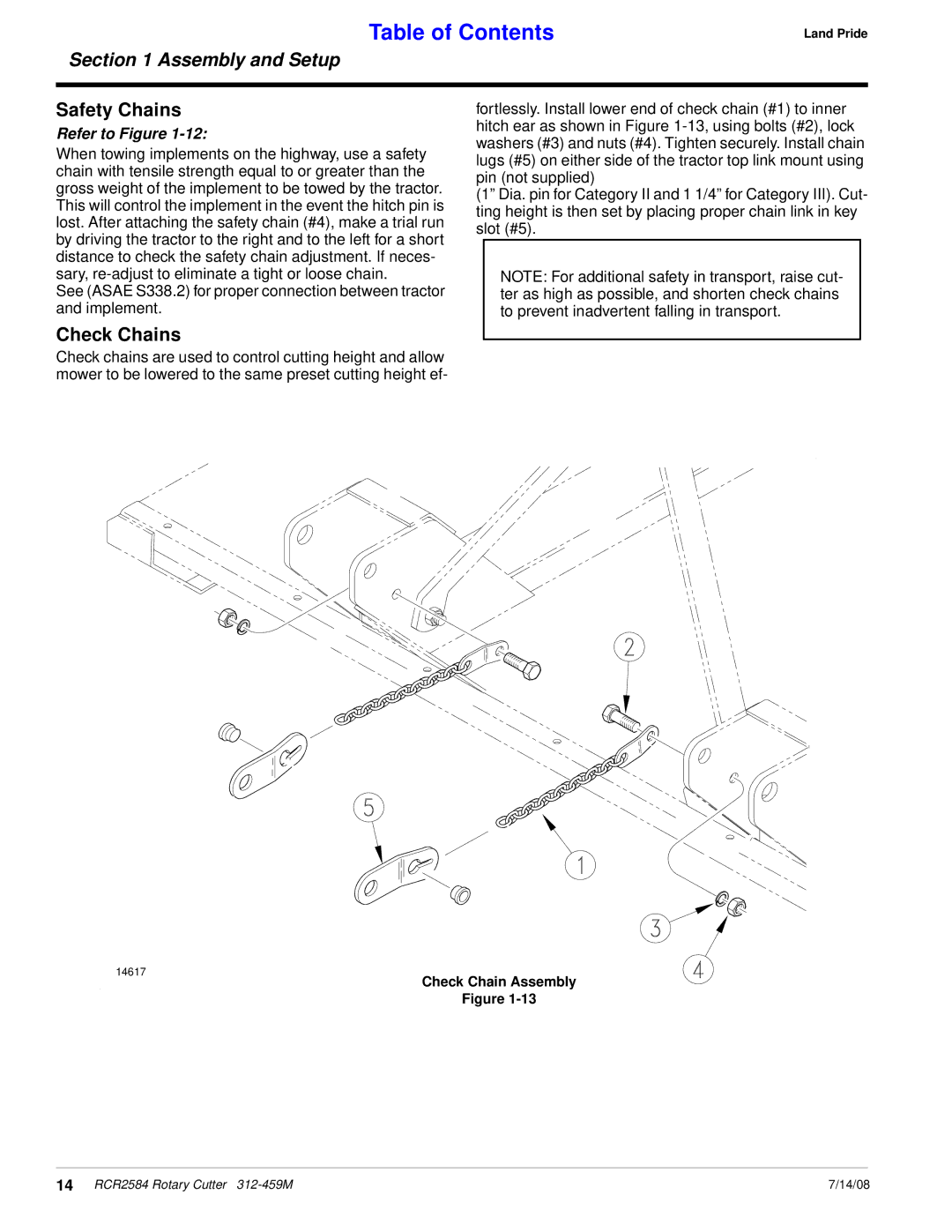 Land Pride RCR2584 manual Safety Chains, Check Chains 