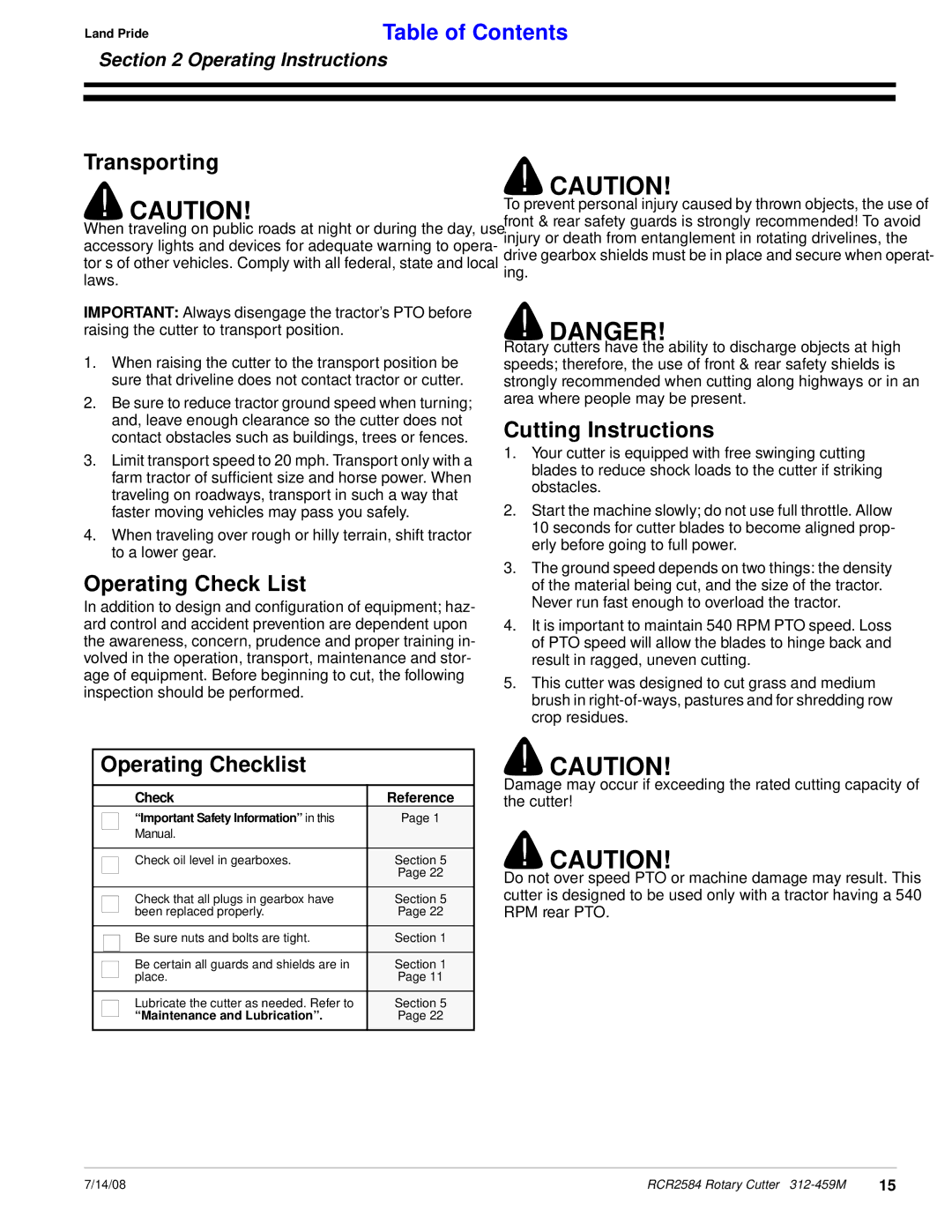 Land Pride RCR2584 manual Transporting, Operating Check List, Cutting Instructions, Operating Checklist 