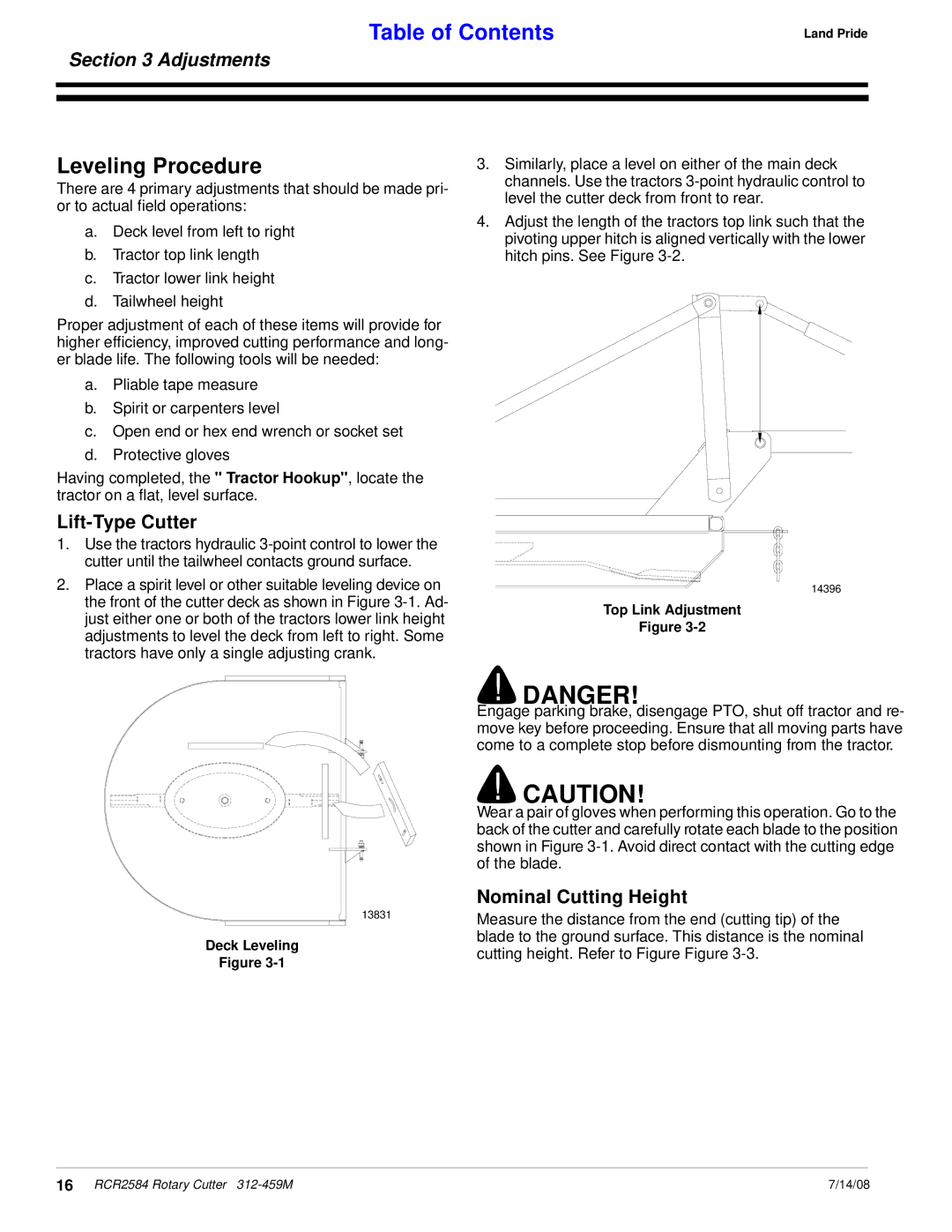 Land Pride RCR2584 manual Leveling Procedure, Lift-Type Cutter, Nominal Cutting Height 