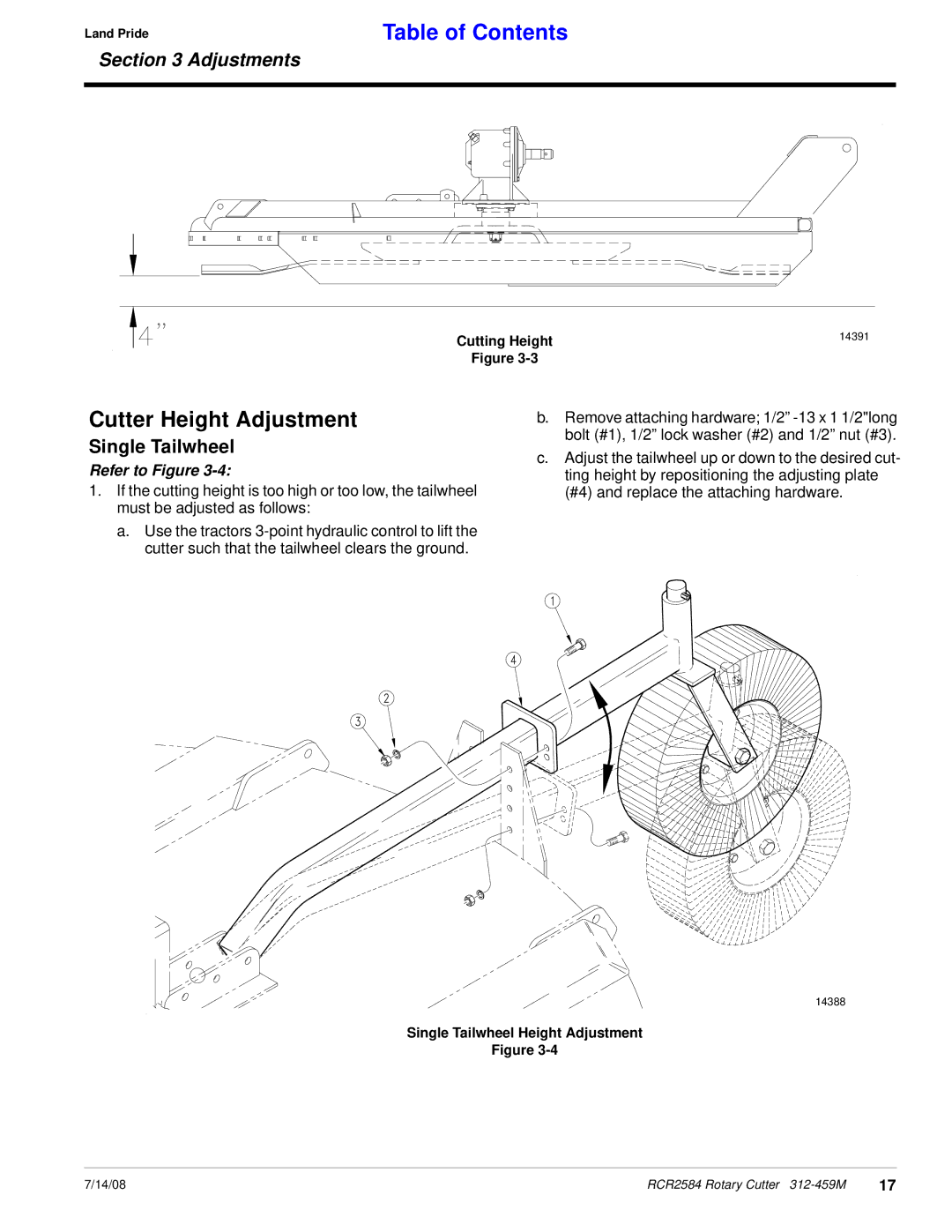 Land Pride RCR2584 manual Cutter Height Adjustment, Single Tailwheel 