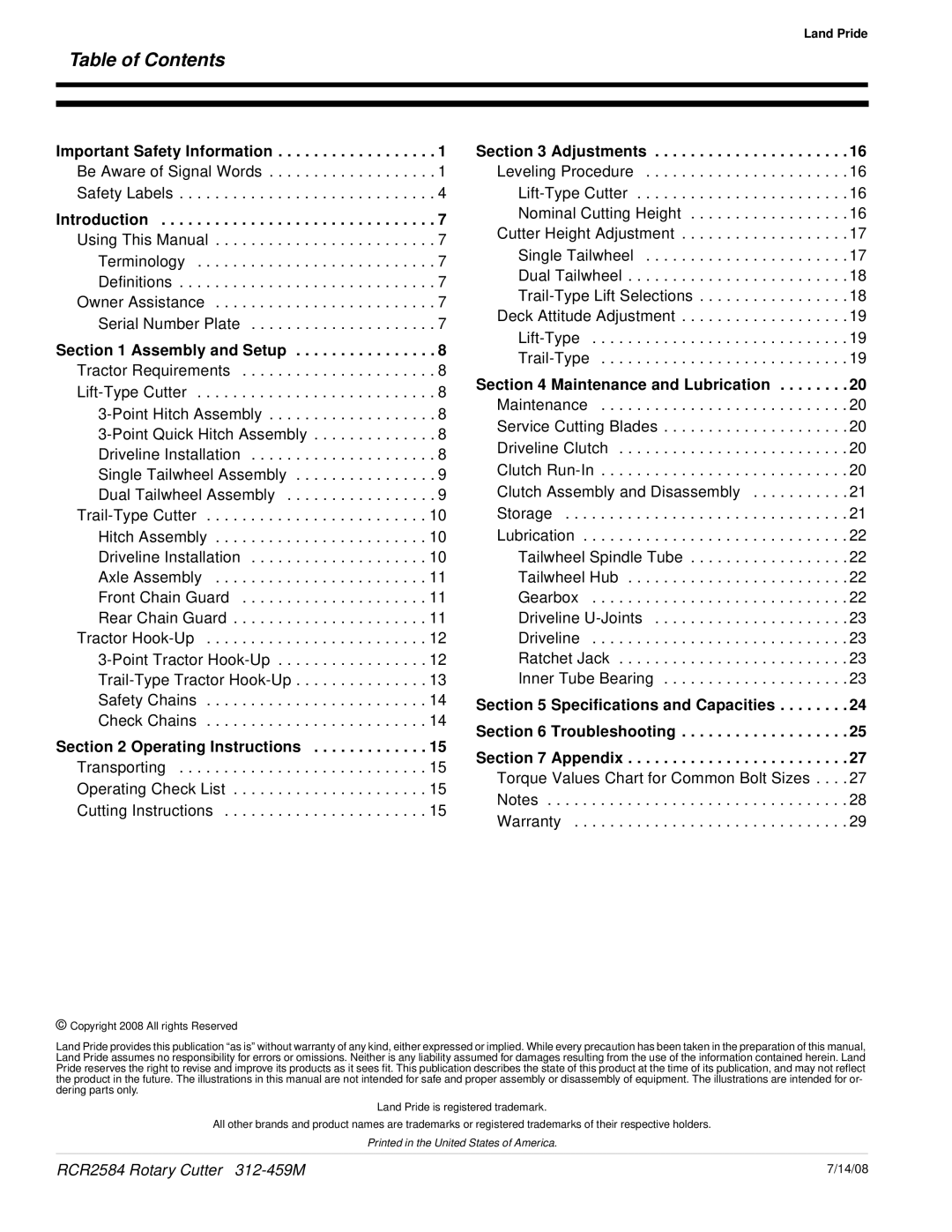 Land Pride RCR2584 manual Table of Contents 