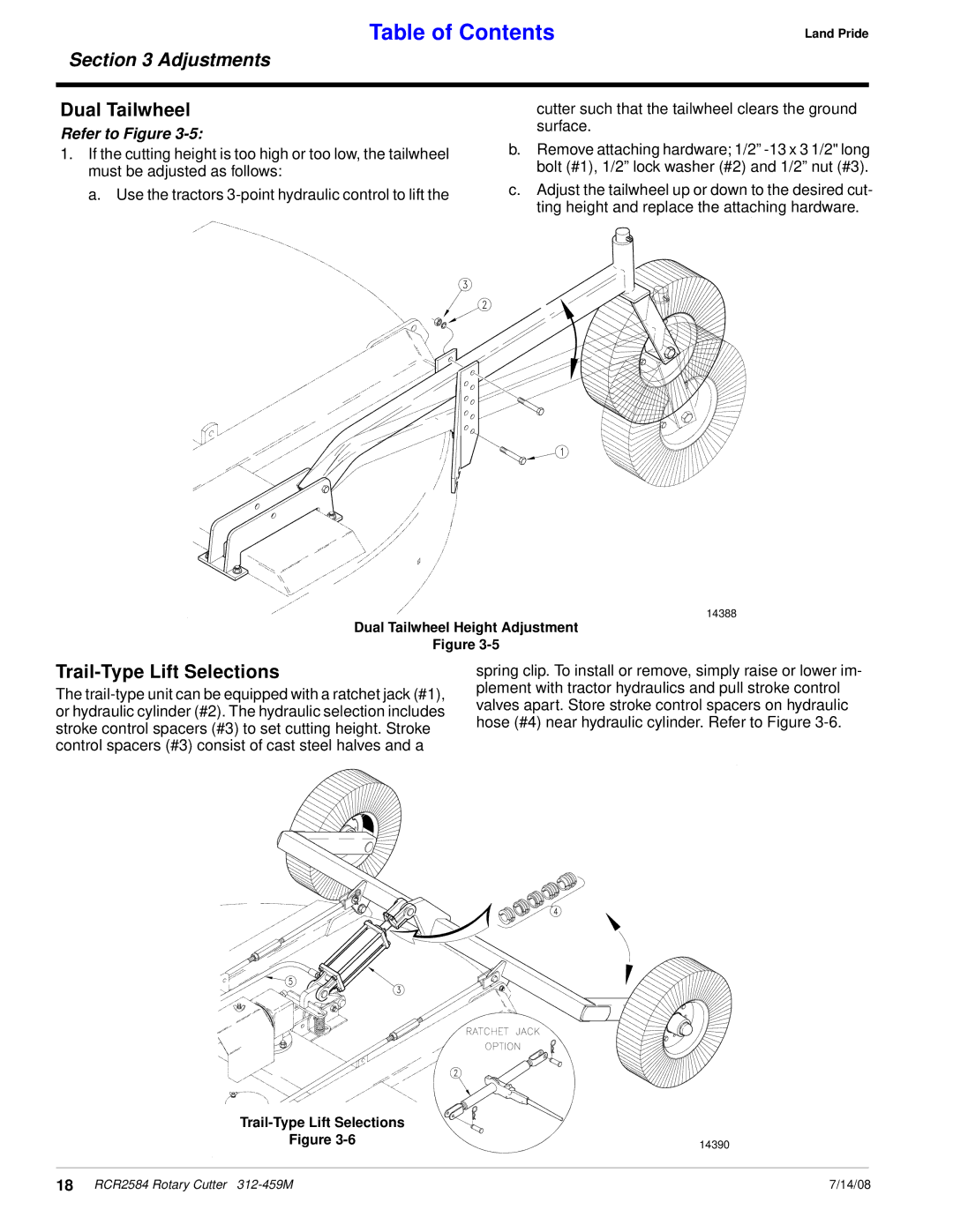 Land Pride RCR2584 manual Dual Tailwheel, Trail-Type Lift Selections 