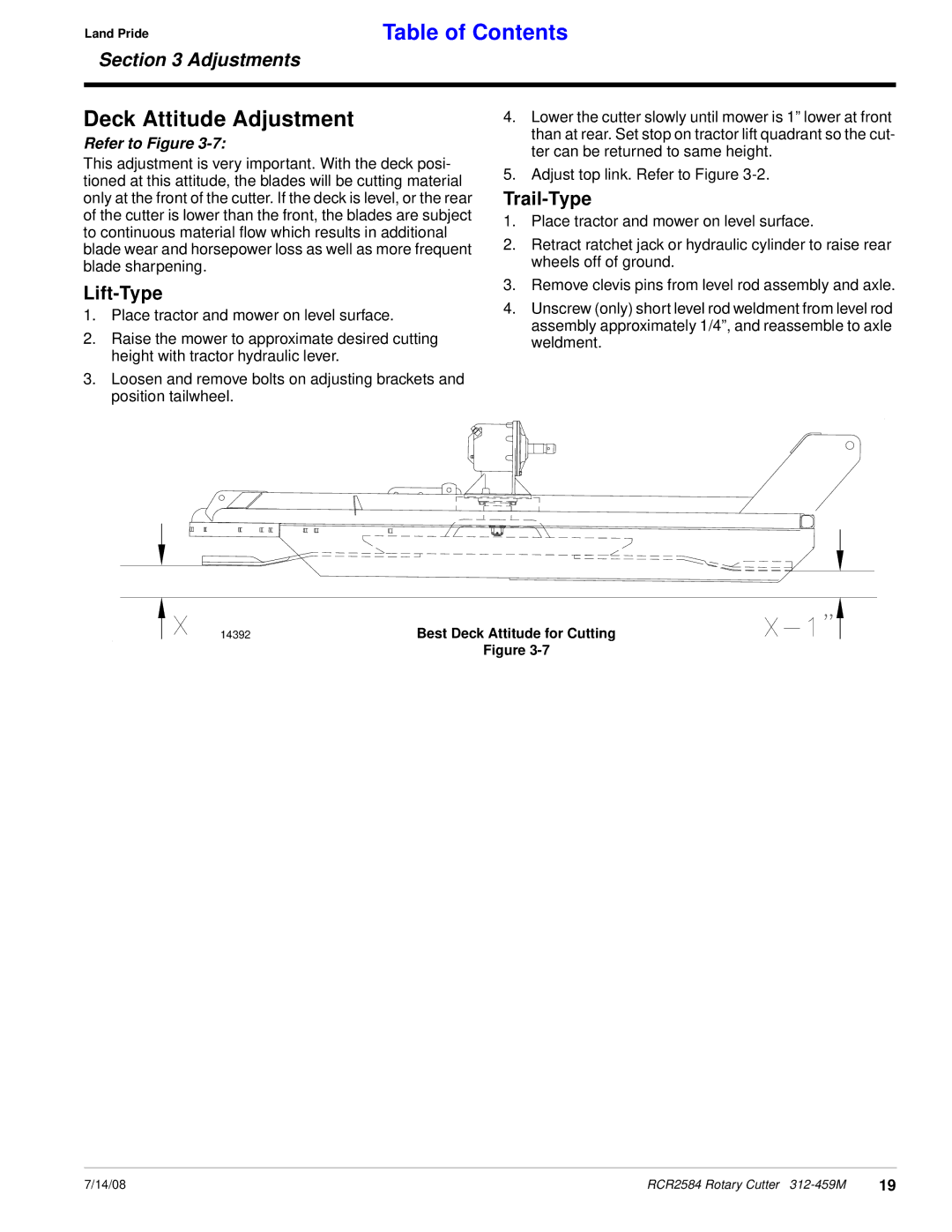 Land Pride RCR2584 manual Deck Attitude Adjustment, Lift-Type, Trail-Type 