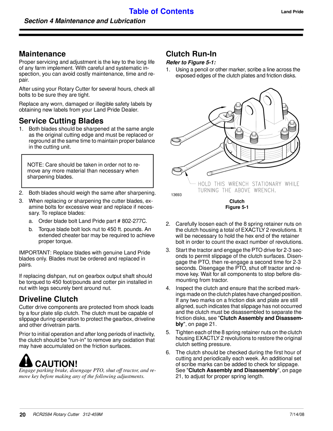 Land Pride RCR2584 manual Maintenance, Service Cutting Blades, Clutch Run-In, Driveline Clutch 