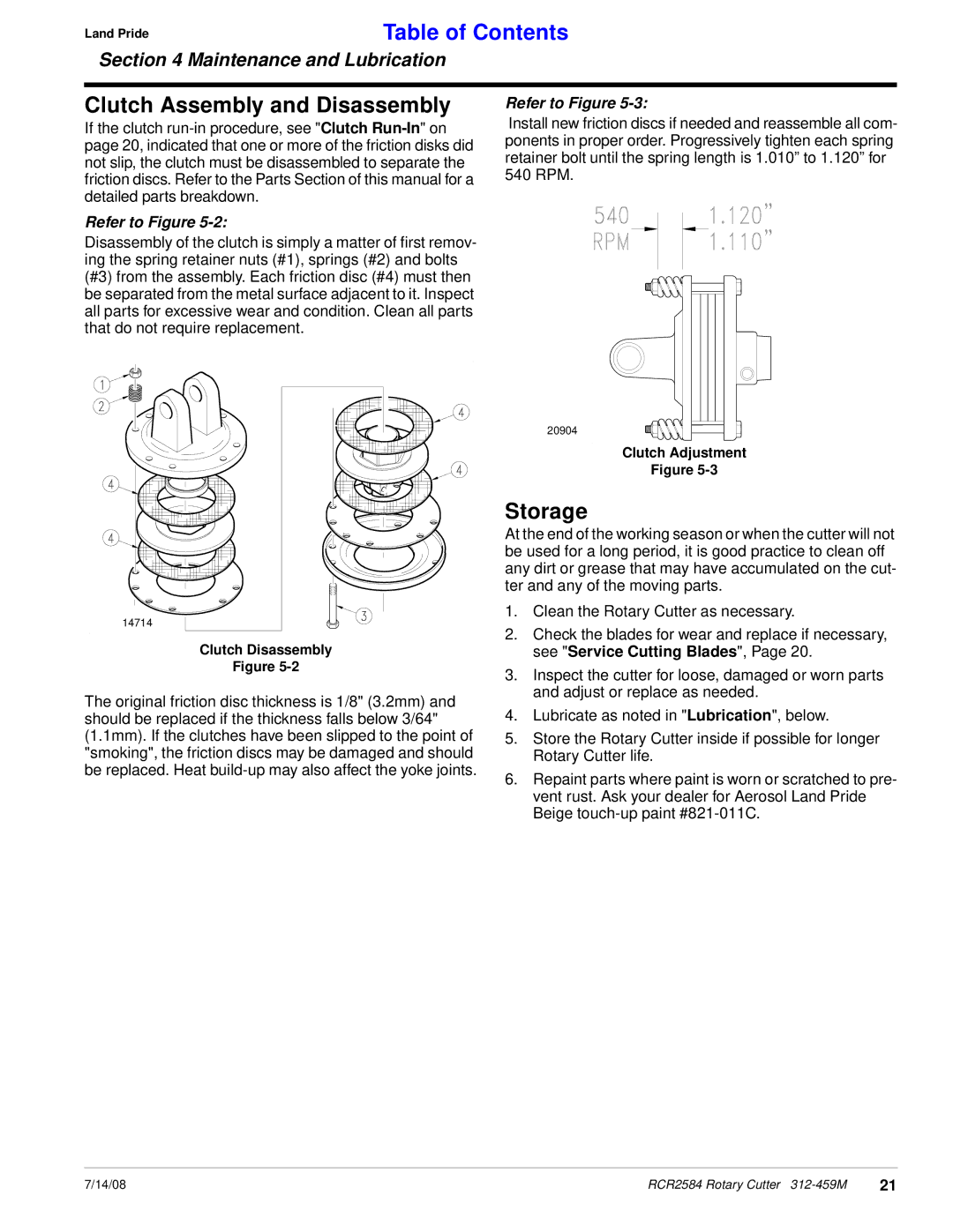 Land Pride RCR2584 manual Clutch Assembly and Disassembly, Storage 