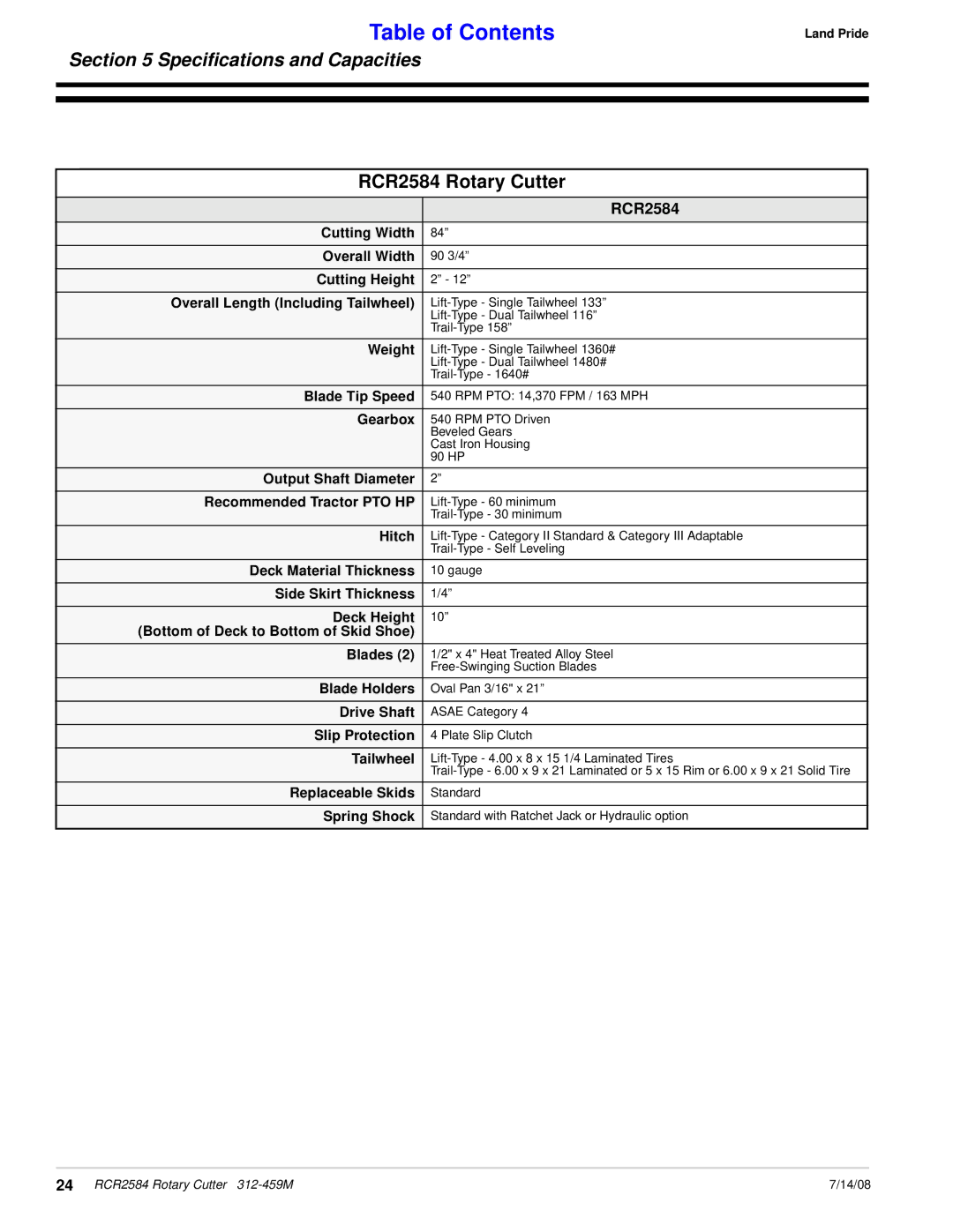 Land Pride manual Speciﬁcations and Capacities, RCR2584 Rotary Cutter 