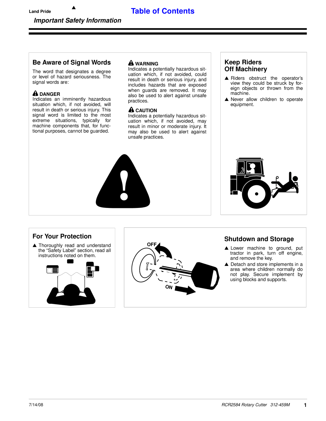 Land Pride RCR2584 manual Be Aware of Signal Words, Keep Riders Off Machinery, For Your Protection, Shutdown and Storage 