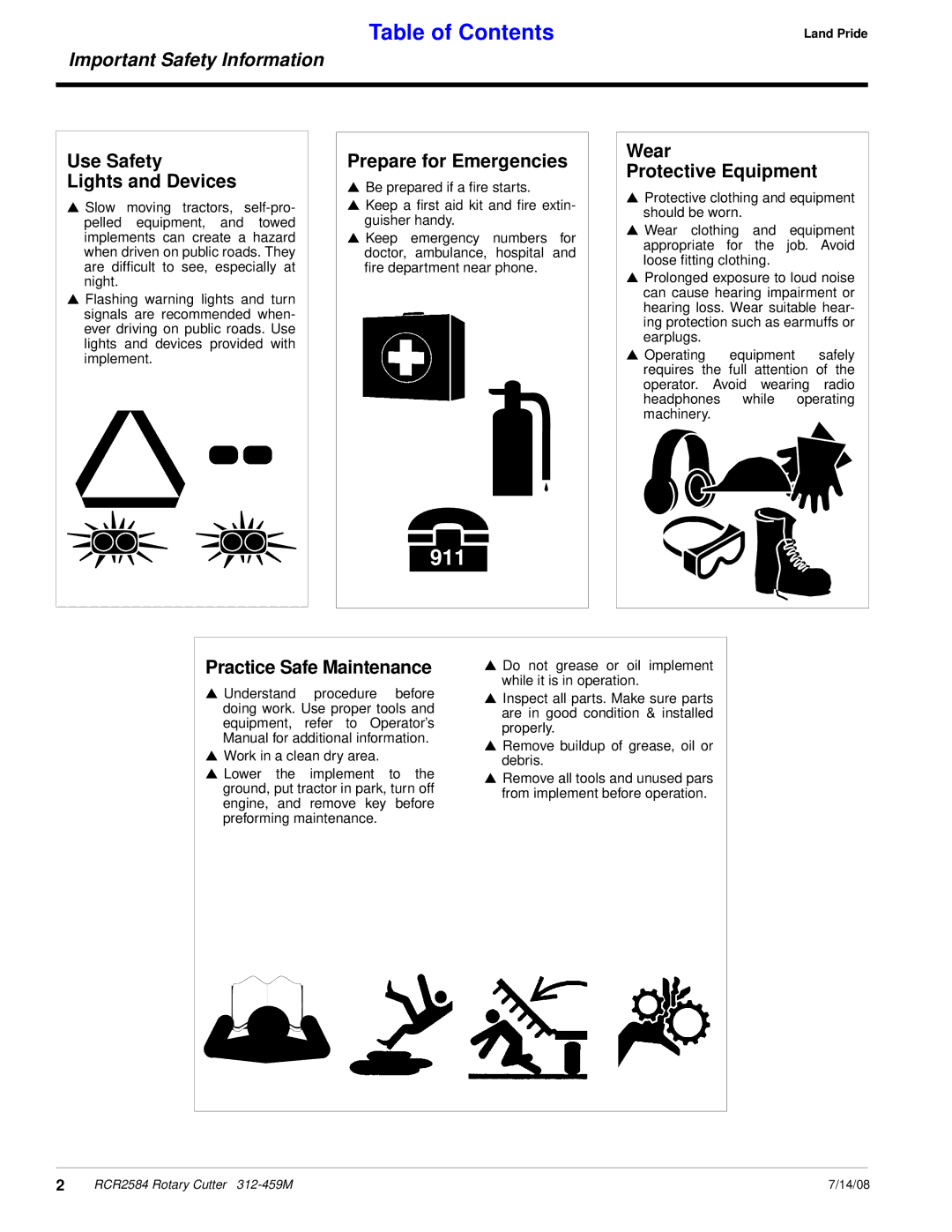 Land Pride RCR2584 manual Use Safety Lights and Devices, Prepare for Emergencies, Wear Protective Equipment 
