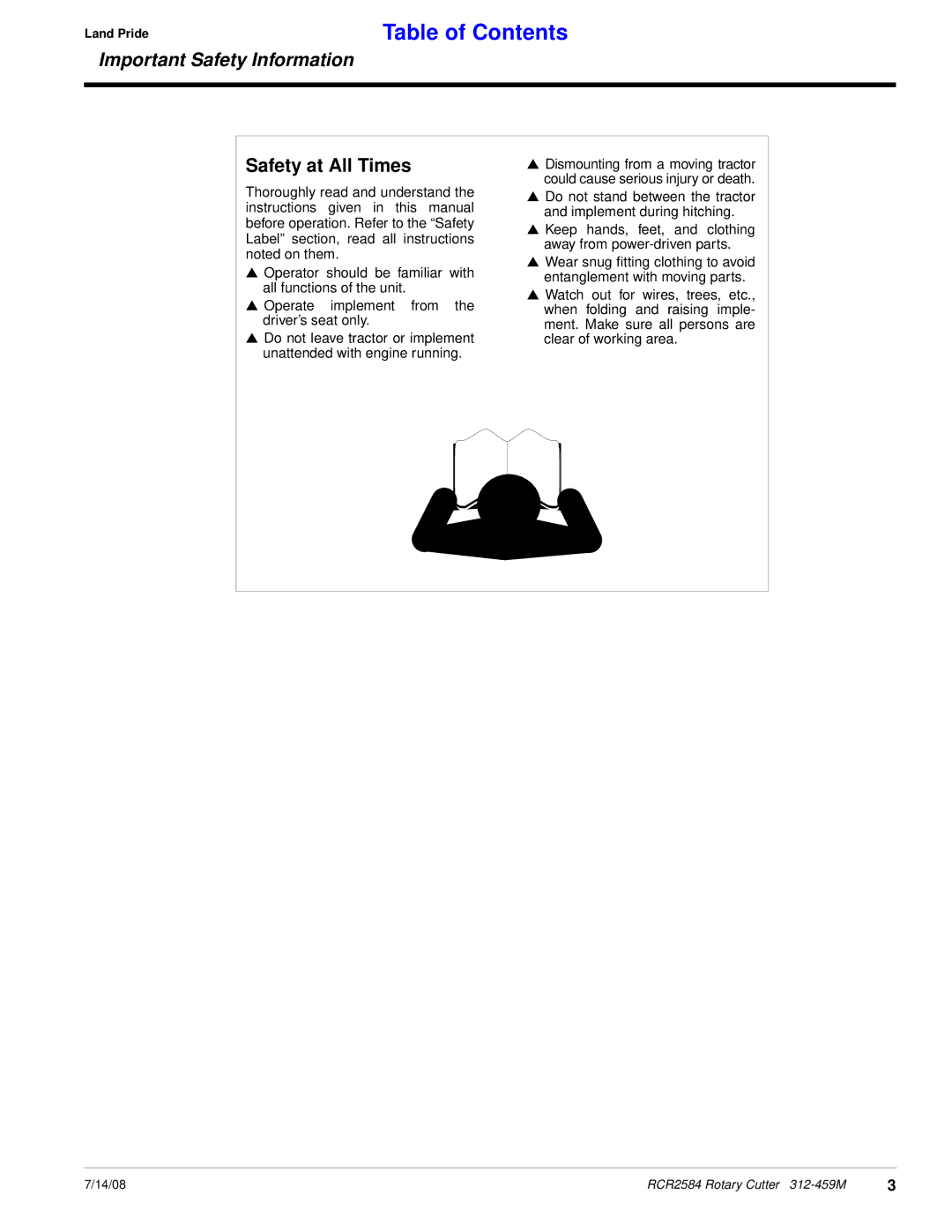 Land Pride RCR2584 manual Table of Contents 