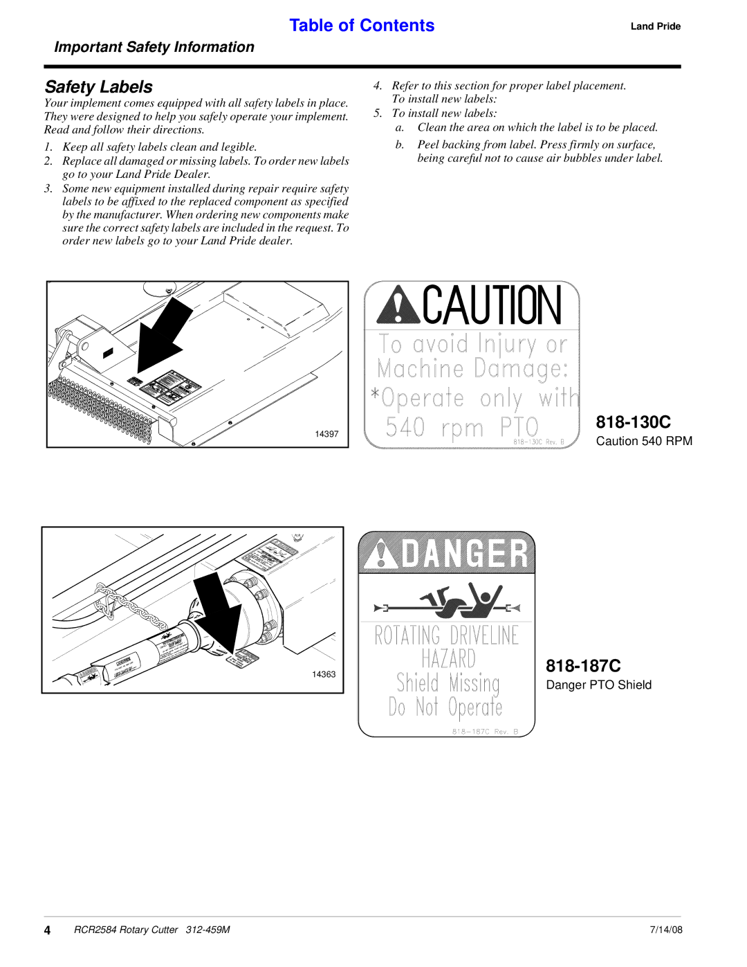 Land Pride RCR2584 manual Safety Labels, 818-130C 818-187C 