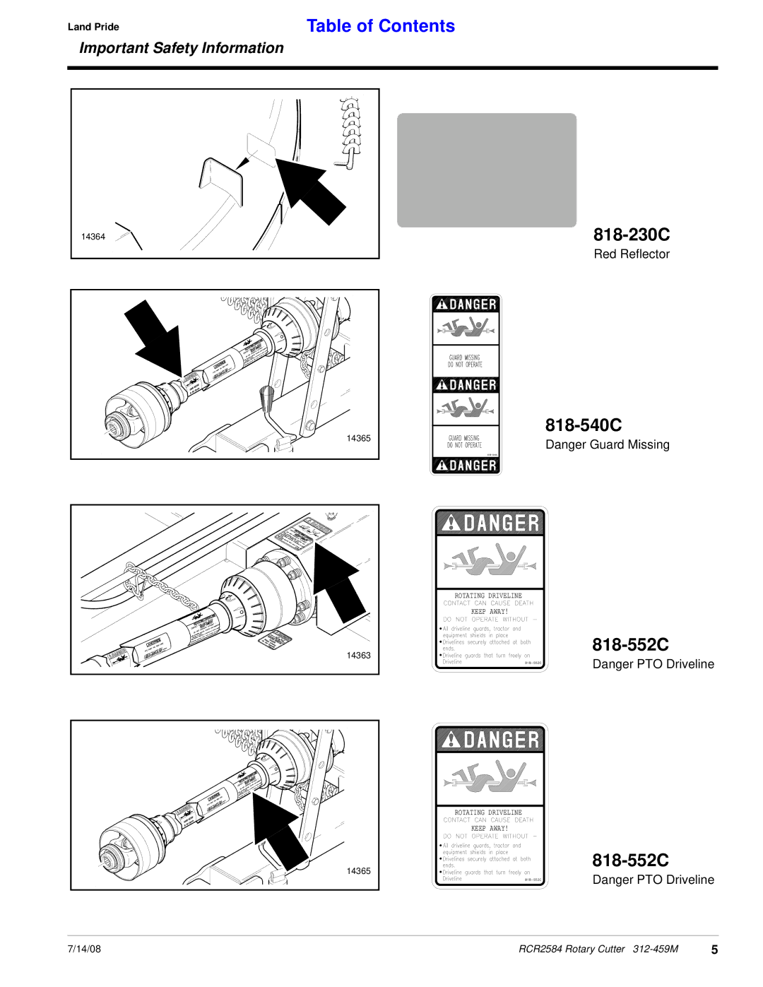 Land Pride RCR2584 manual 818-230C, 818-540C, 818-552C 