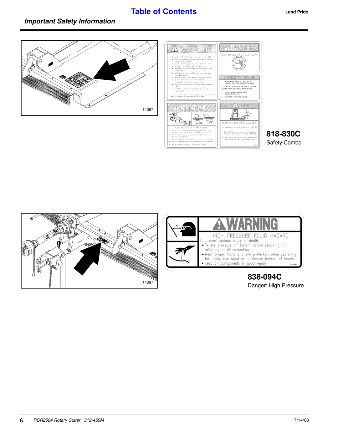 Land Pride RCR2584 manual 818-830C, 838-094C 