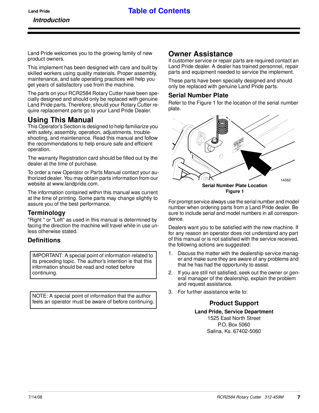 Land Pride RCR2584 manual Owner Assistance, Using This Manual 