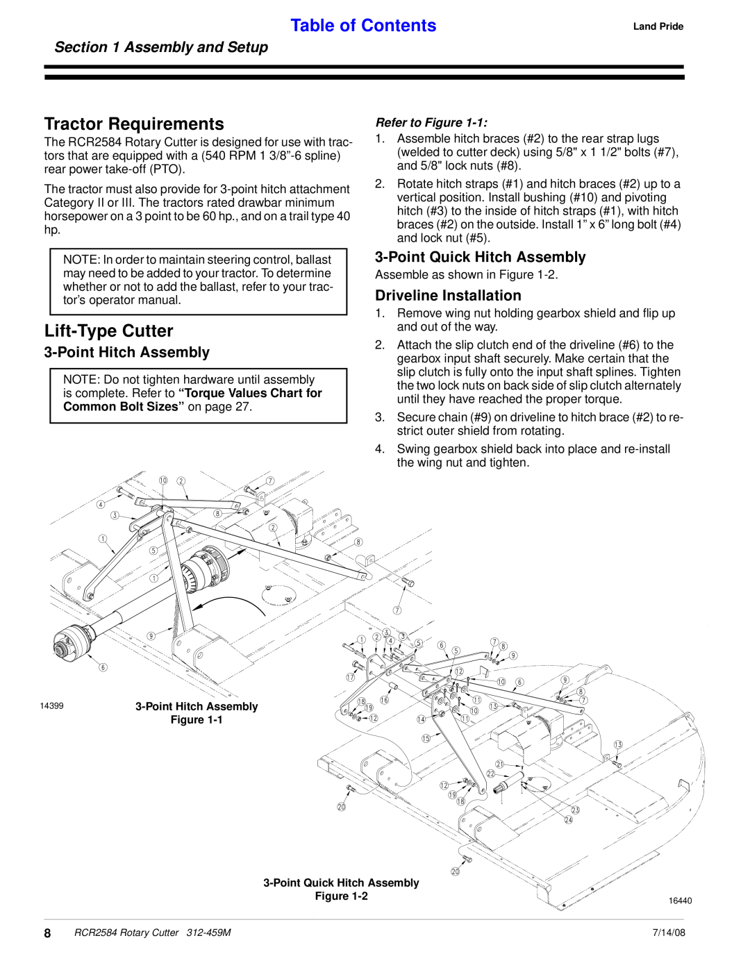 Land Pride RCR2584 manual Tractor Requirements, Lift-Type Cutter, Assembly and Setup, Point Hitch Assembly, Refer to Figure 