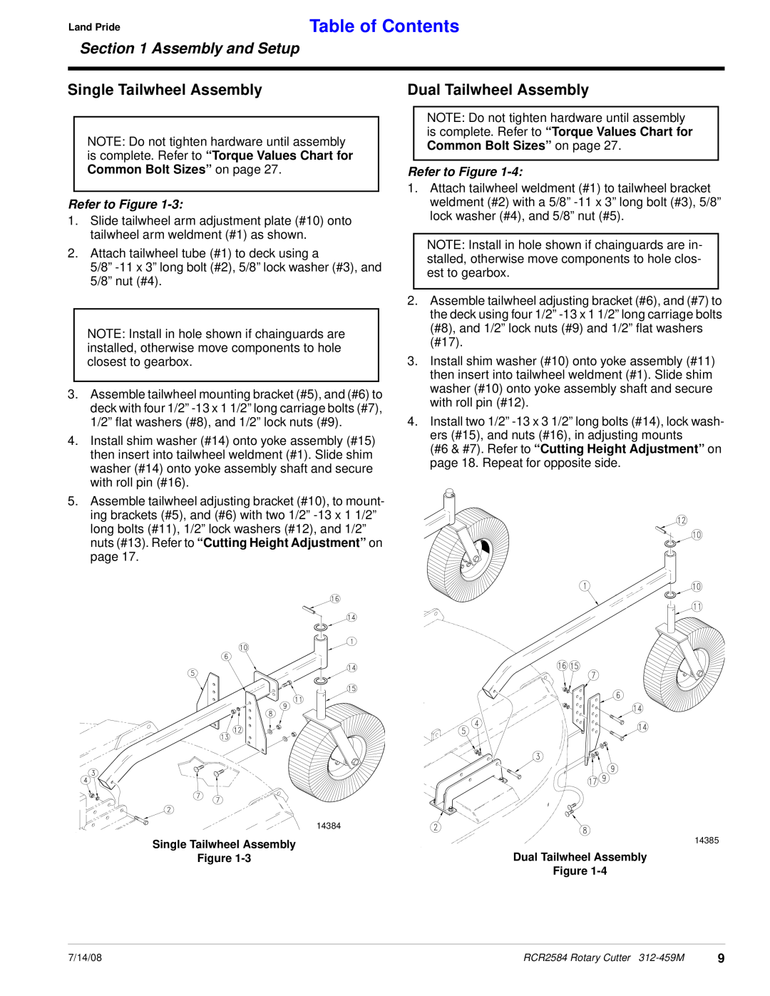 Land Pride RCR2584 manual Single Tailwheel Assembly, Dual Tailwheel Assembly, Table of Contents, Assembly and Setup 
