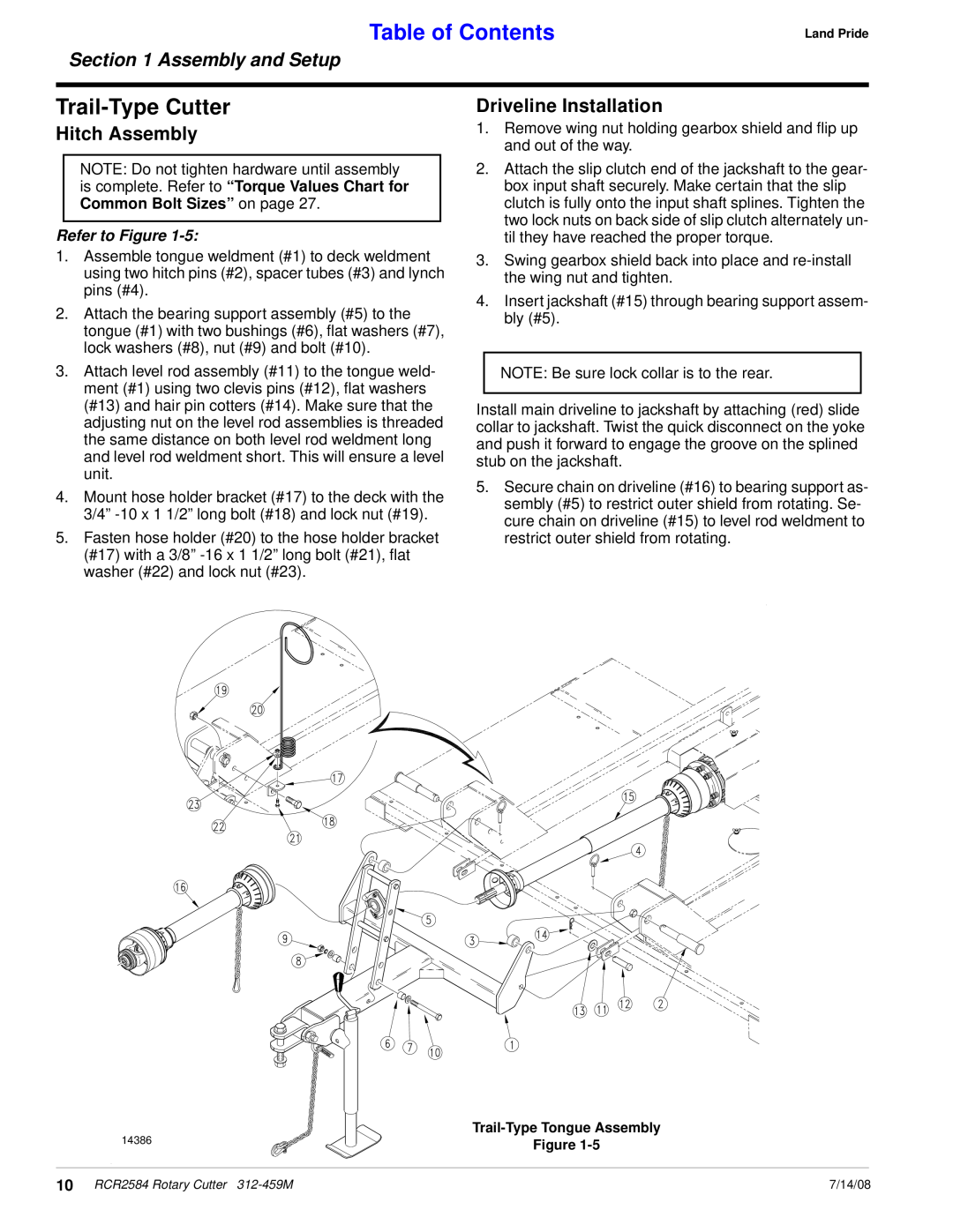 Land Pride RCR2584 manual Trail-Type Cutter, Hitch Assembly, Table of Contents, Assembly and Setup, Driveline Installation 