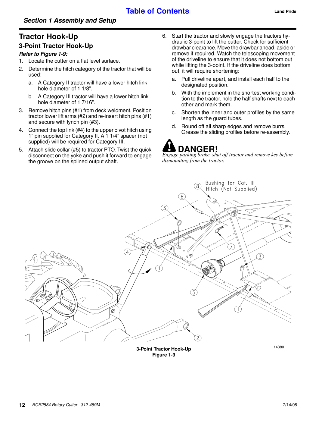 Land Pride RCR2584 manual Point Tractor Hook-Up, Danger, Table of Contents, Assembly and Setup, Refer to Figure 
